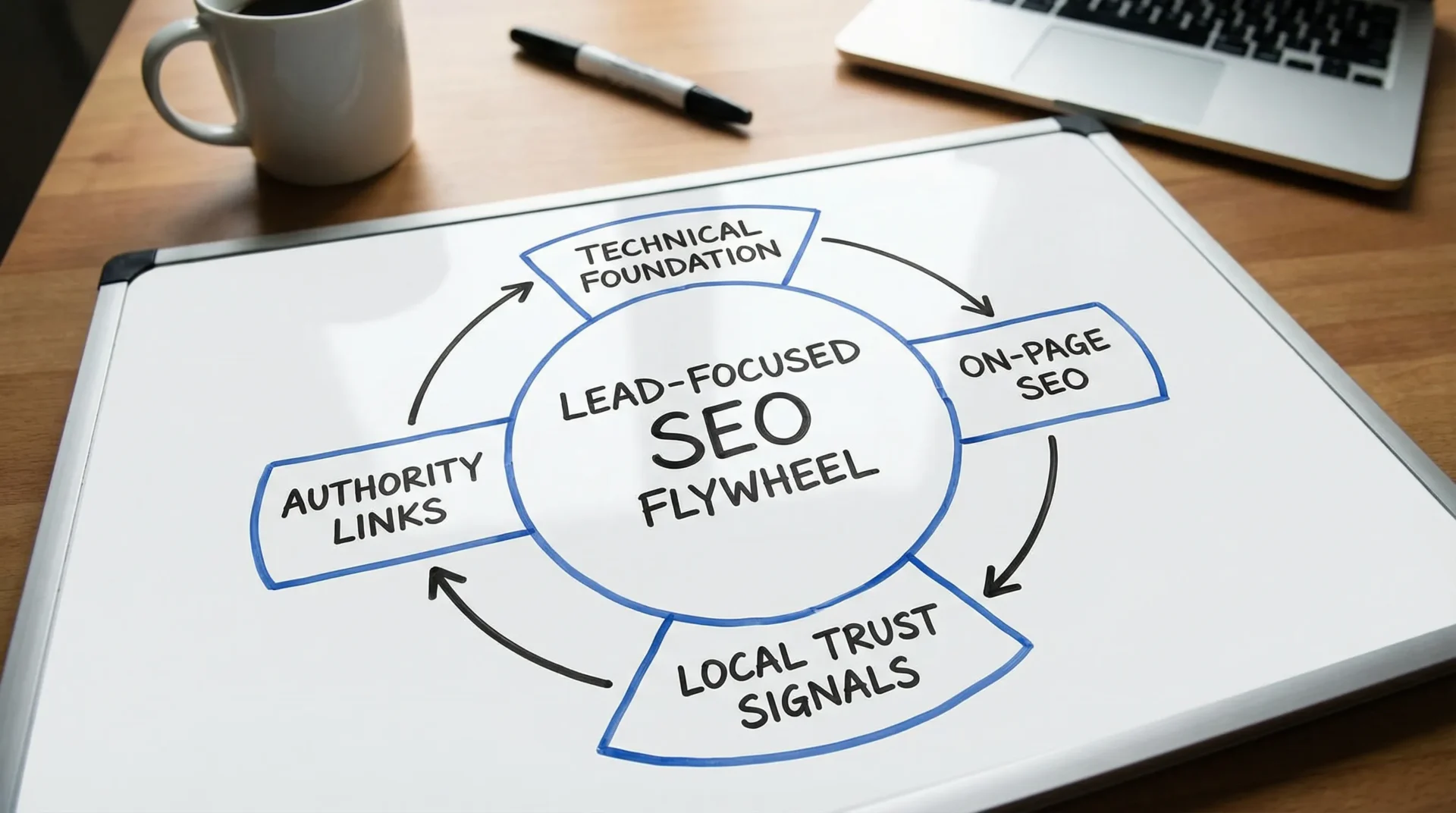 A simple diagram showing a lead-focused SEO flywheel with four parts: technical foundation, on-page SEO, local trust signals, and authority links, looping in a circle.