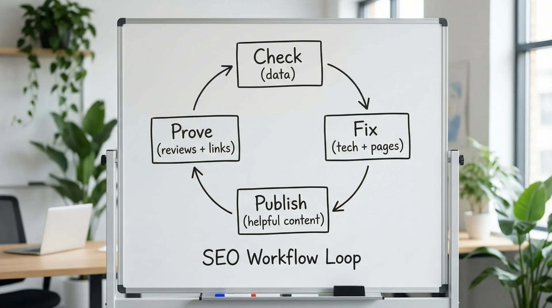 A simple diagram showing an SEO workflow loop with four boxes: “Check (data)”, “Fix (tech + pages)”, “Publish (helpful content)”, “Prove (reviews + links)”, connected in a cycle.