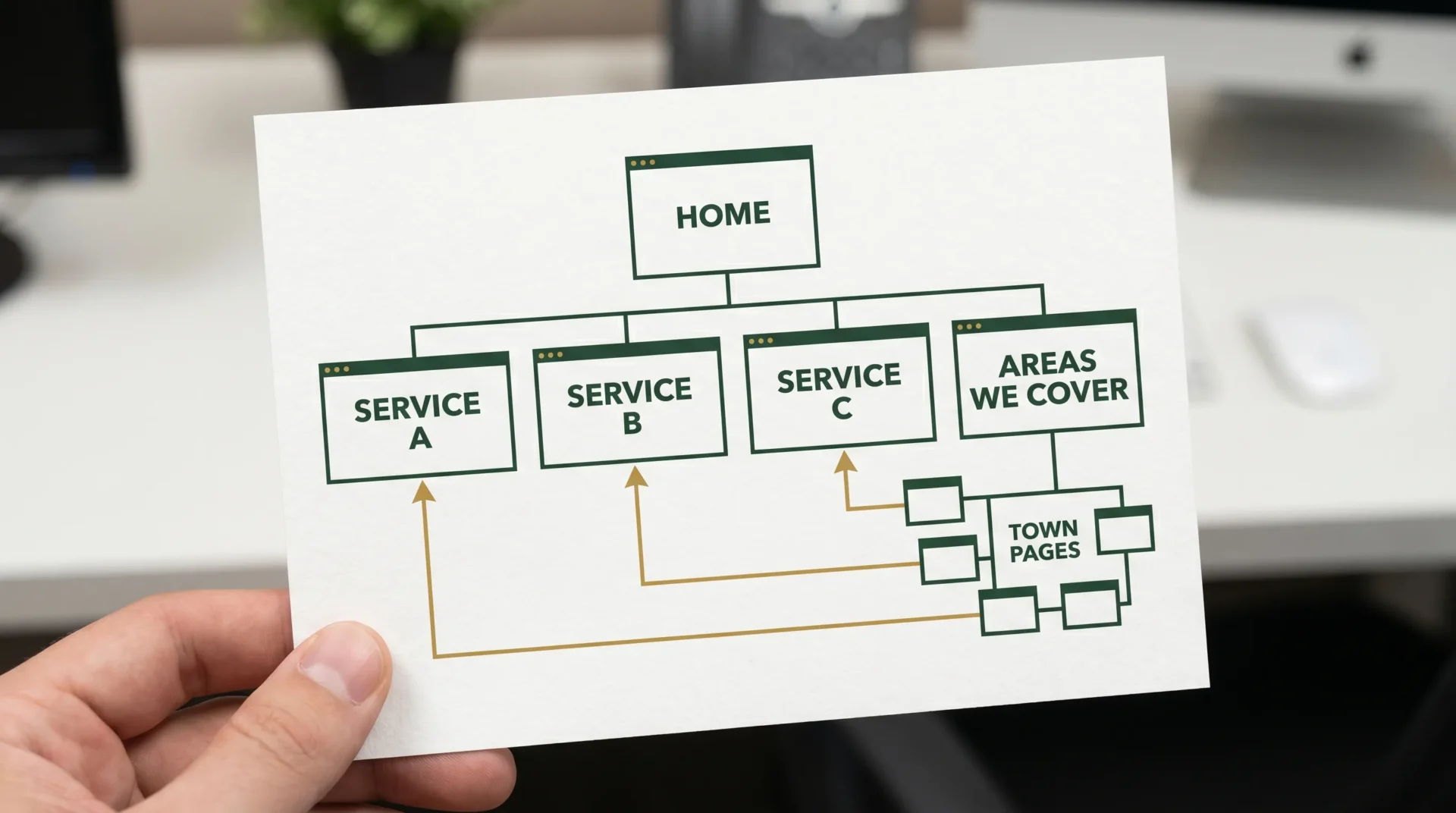 A simple flat-design diagram showing a website structure for multi-town SEO: Home at the top, branching to three “Service” pages, one “Areas We Cover” hub page, and a small set of “Town pages” connected back to the relevant service pages. Colour accents in dark green and gold.