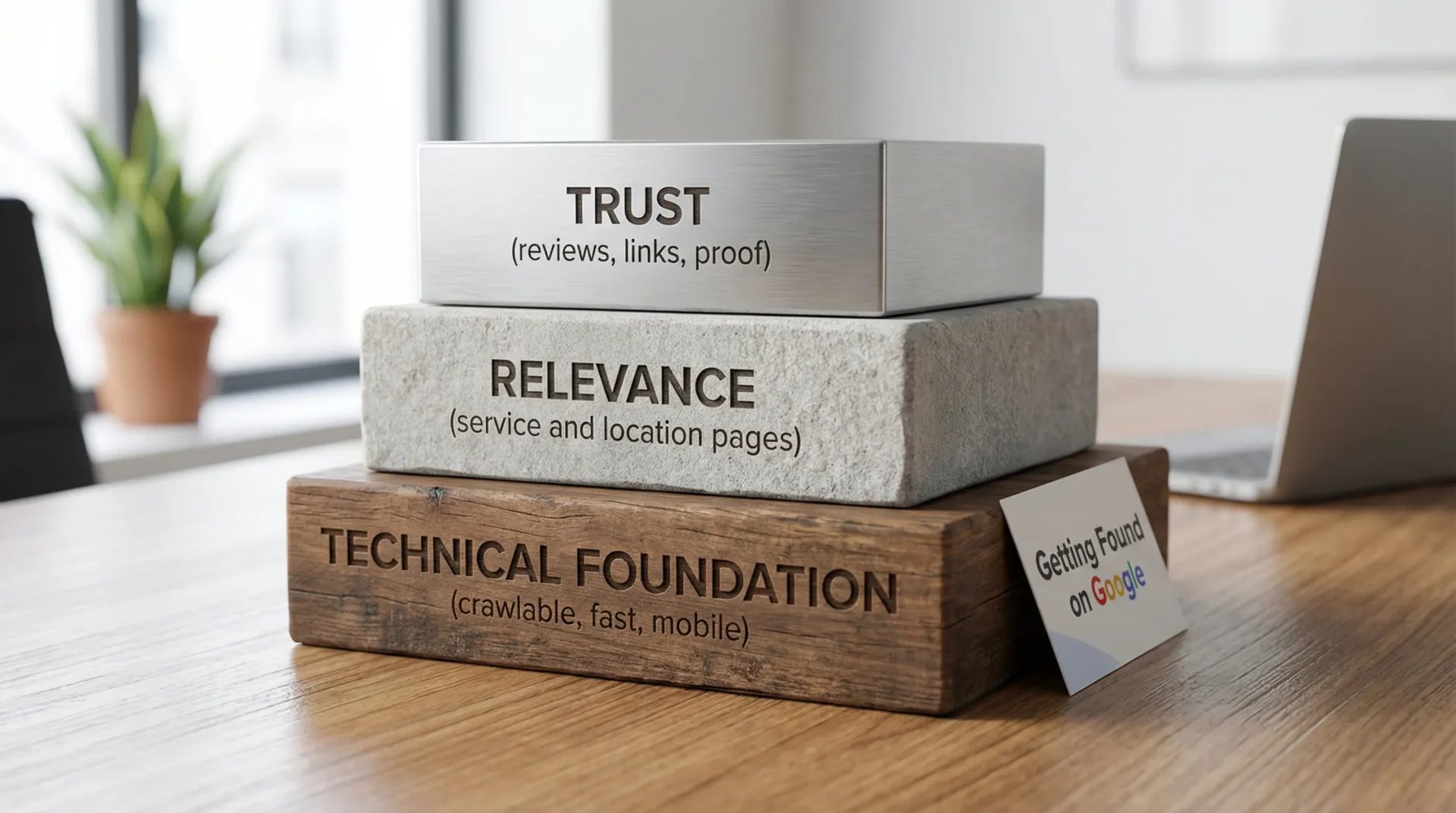 A simple “Getting Found on Google” stack diagram with three layers: Technical foundation (crawlable, fast, mobile), Relevance (service and location pages), Trust (reviews, links, proof).