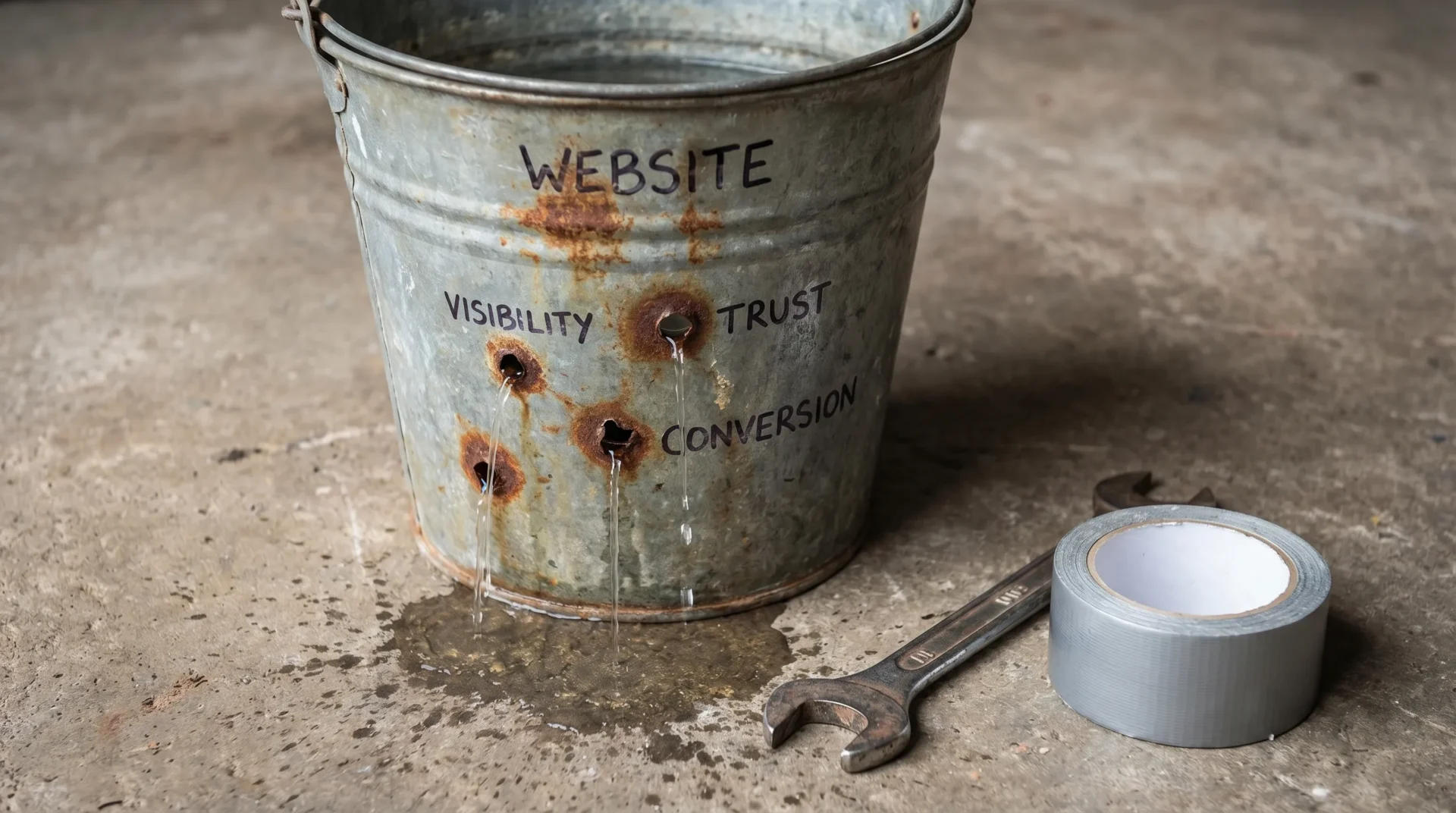 A simple visual metaphor: a leaky metal bucket labelled “Website” with water dripping out through three holes labelled “Google visibility”, “Trust”, and “Conversion”, with a spanner and duct tape on the floor beside it. No text in the image itself.