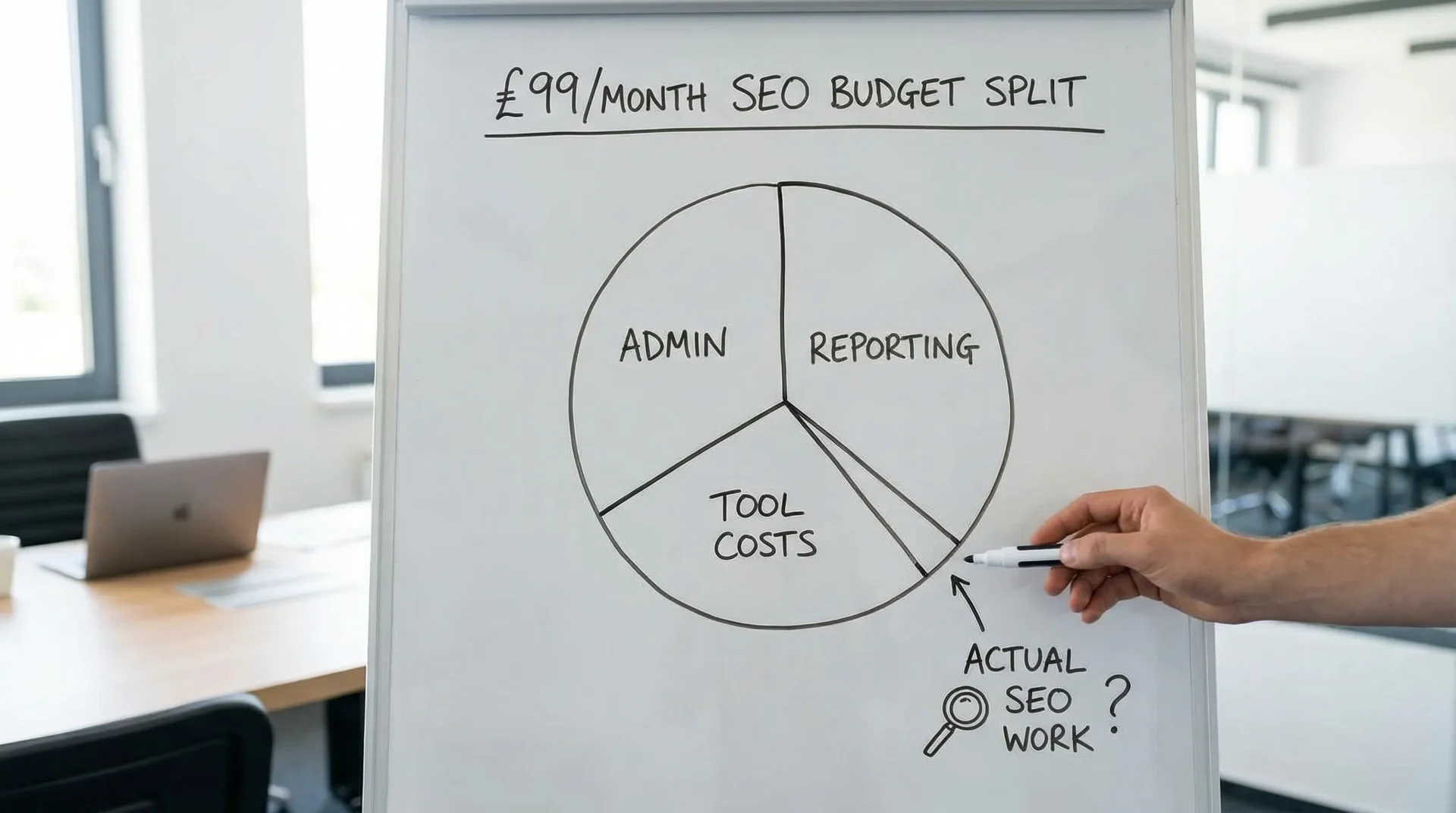 A simple visual showing a £99/month SEO budget split into tiny slices: admin, reporting, tool costs, and a very small remaining slice labelled “actual SEO work”. The overall message is that almost no budget remains for meaningful optimisation.