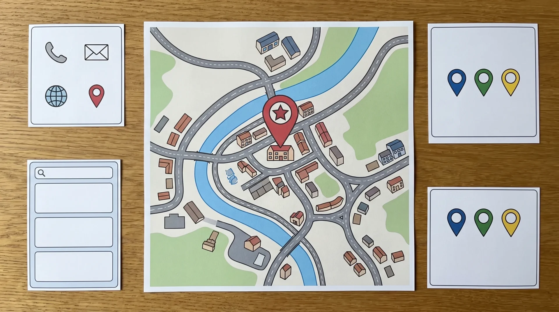 A simplified map of a UK town with one highlighted business location, matching contact detail icons, directory pins and search result panels arranged consistently around it, with no visible text.