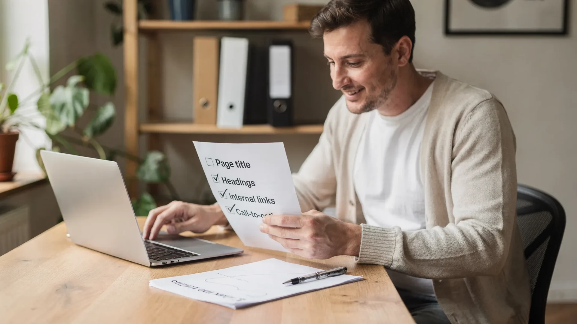 A small business owner in a casual workspace reviewing a simple on-page SEO checklist on paper next to a laptop, with items like page title, headings, internal links, and call-to-action ticked off.