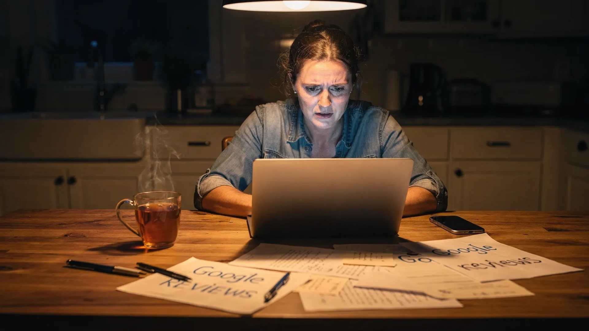 A tired small business owner late at night at a kitchen table with a laptop open, a half-finished mug of tea, scattered notes about “Google”, “reviews”, and “website”, looking determined rather than defeated.