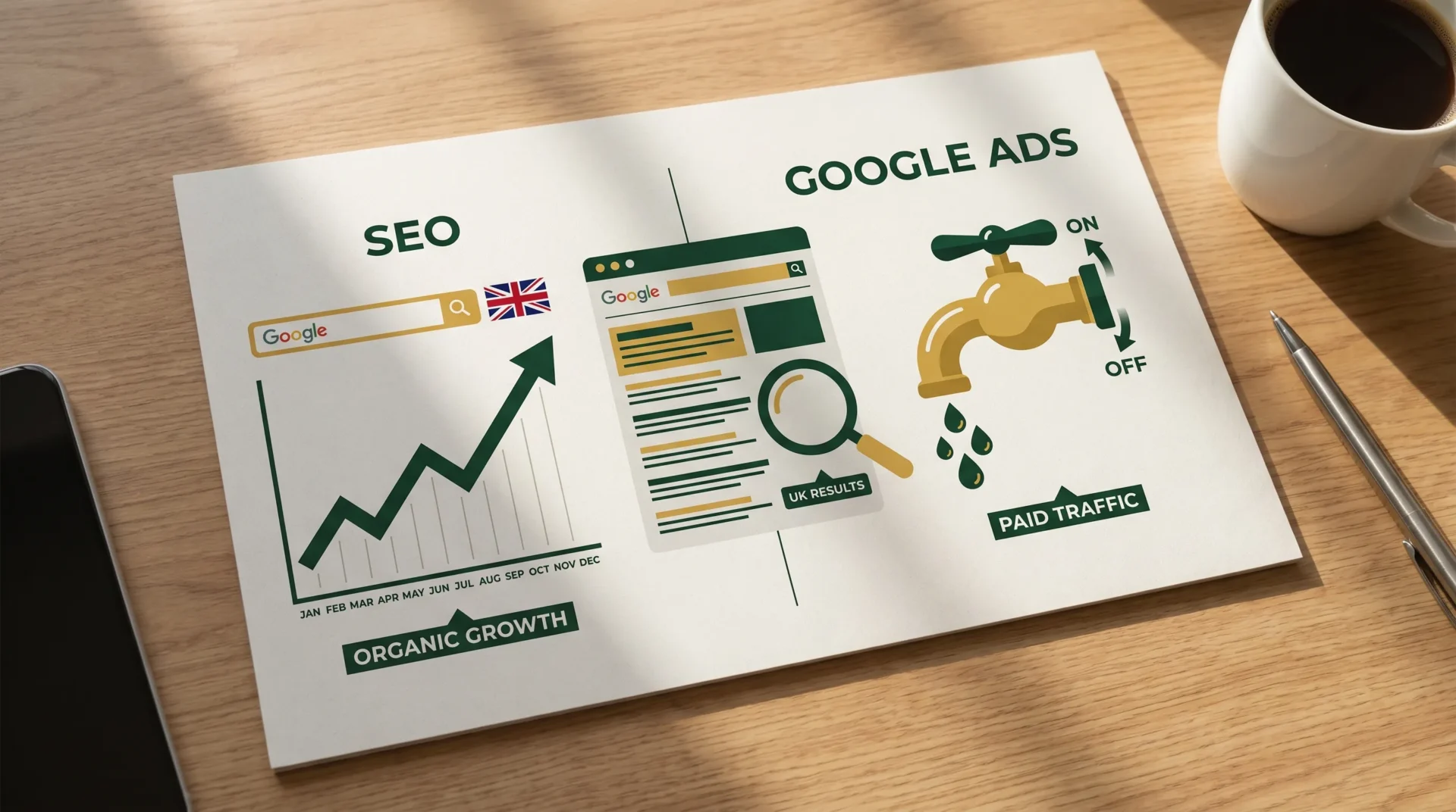 Minimal flat design graphic comparing “SEO” as a growing line over months versus “Google Ads” as a tap that turns on and off, with a simple UK-style Google results layout hint in dark green and gold accents.