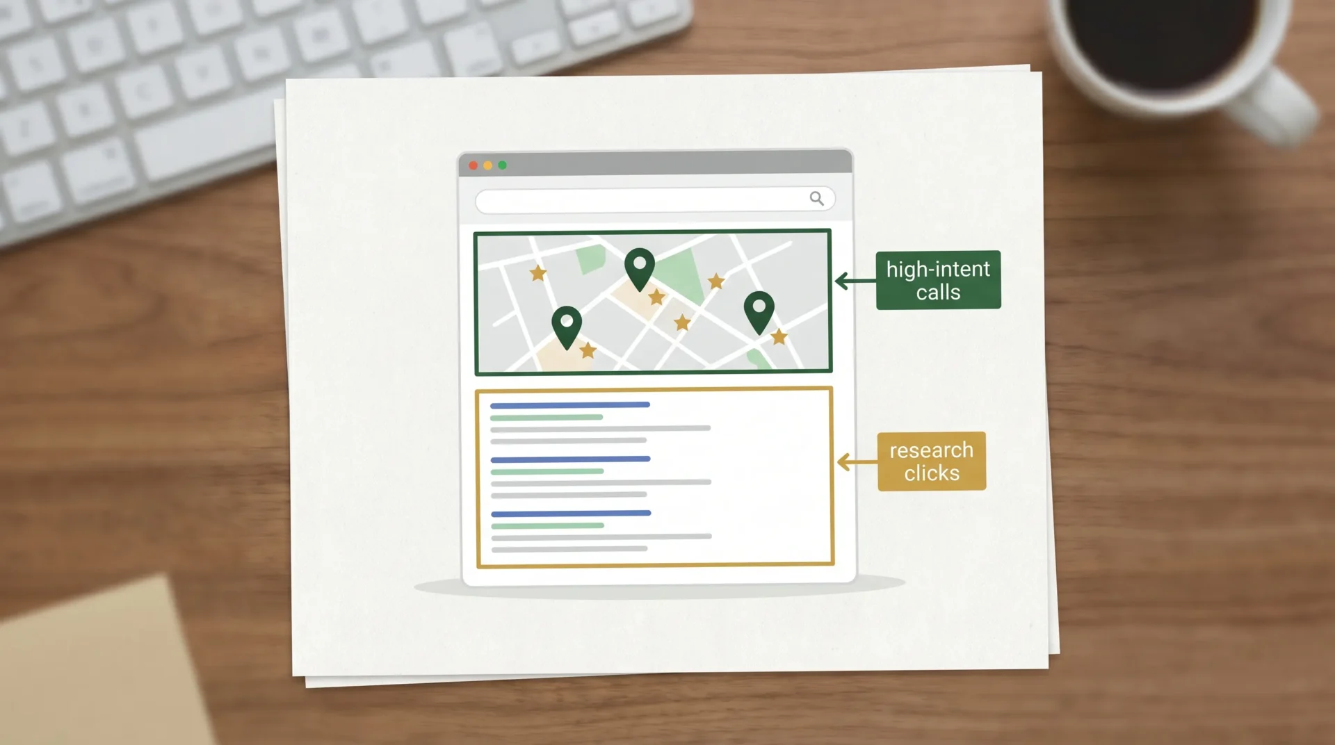 Minimal flat-design infographic showing a Google search results page with two areas highlighted: the Google Maps local pack (pins and star ratings) and the organic results below. Small callouts point to “high-intent calls” from Maps and “research clicks” from organic, using dark green and gold accents.