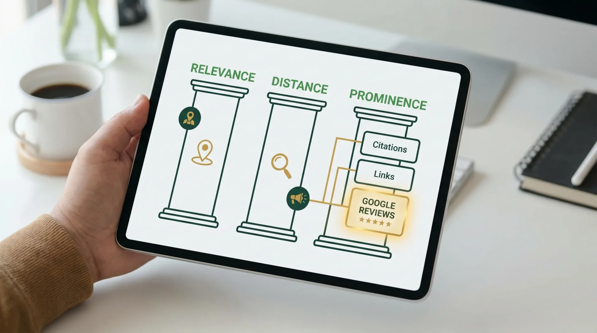 Minimal infographic showing Google’s local ranking factors as three pillars: relevance, distance, and prominence, with Google reviews highlighted under prominence alongside citations and links. Colour accents in dark green and gold.