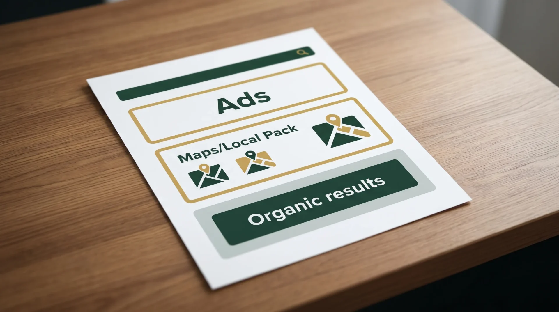 Minimal mockup of a UK Google search results page showing labelled sections for “Ads”, “Maps/Local Pack”, and “Organic results”, using flat design with dark green and gold accents.