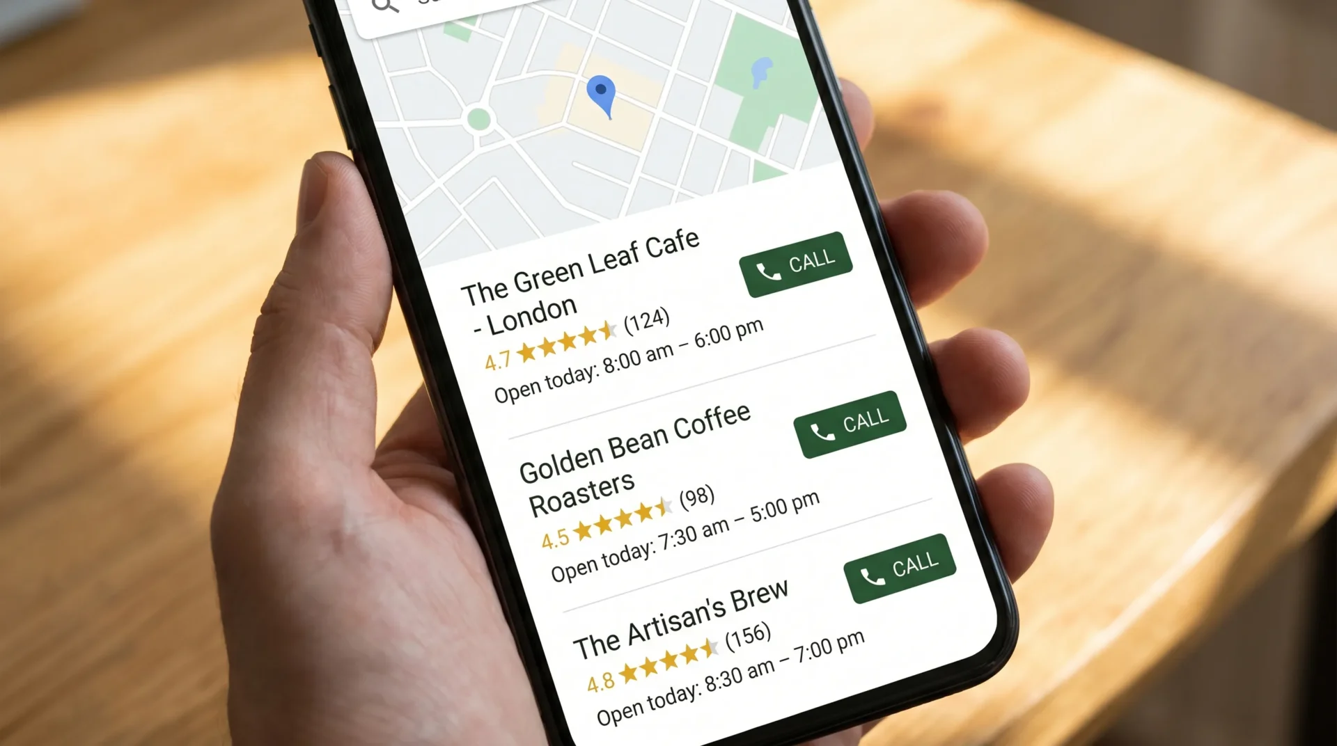 Mock Google map pack result for a UK local search, showing three business listings with star ratings, review counts, call buttons, and opening hours. Clean, minimal flat design with dark green and gold accents.