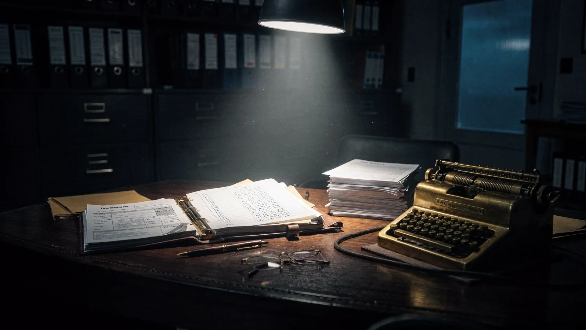 A cinematic night-time scene of a quiet accounting office, with ledgers, tax documents and a brass calculator lit by a single sharp beam of light, while the rest of the room fades into deep shadow. The image feels tense, premium and atmospheric, using the contrast between darkness and one clear focal point as a metaphor for being found in search.