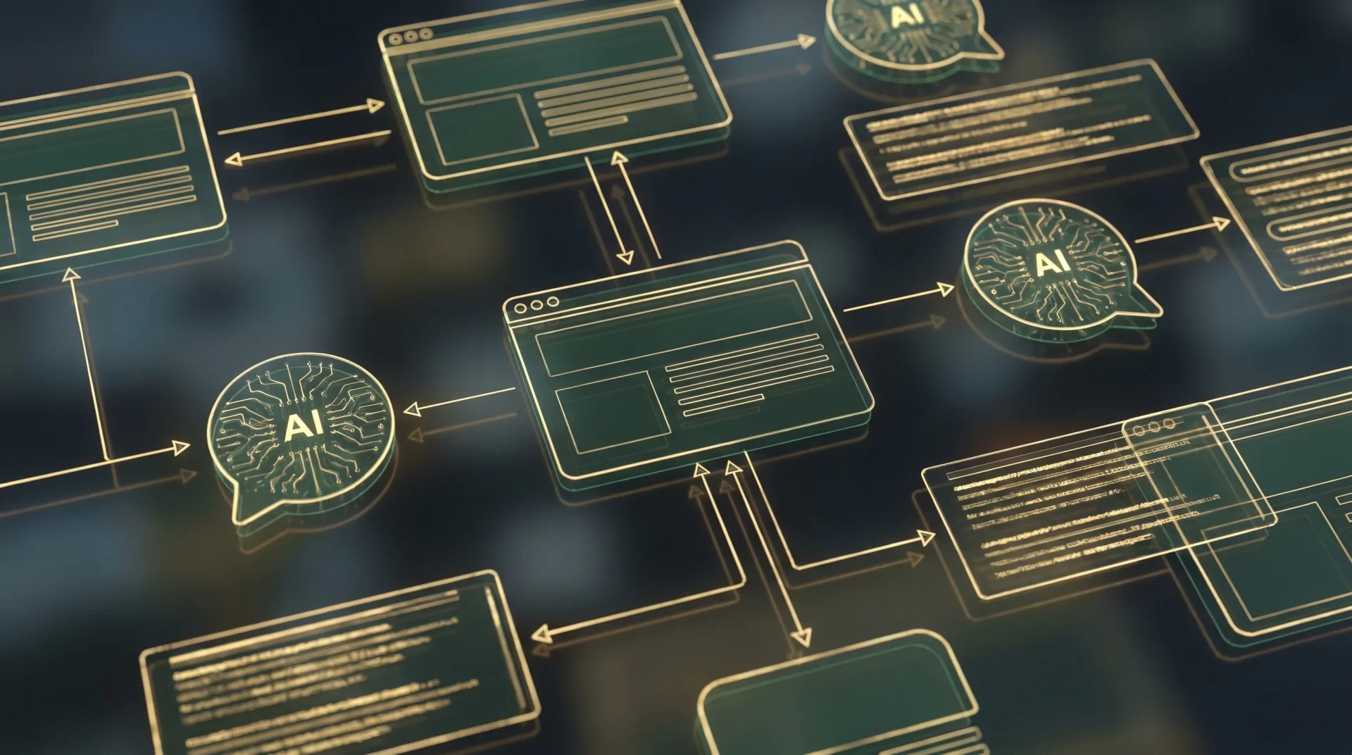 A clean abstract visual showing website pages connected to AI answer bubbles and search result snippets, using dark green and gold accents, with no people and no written text.