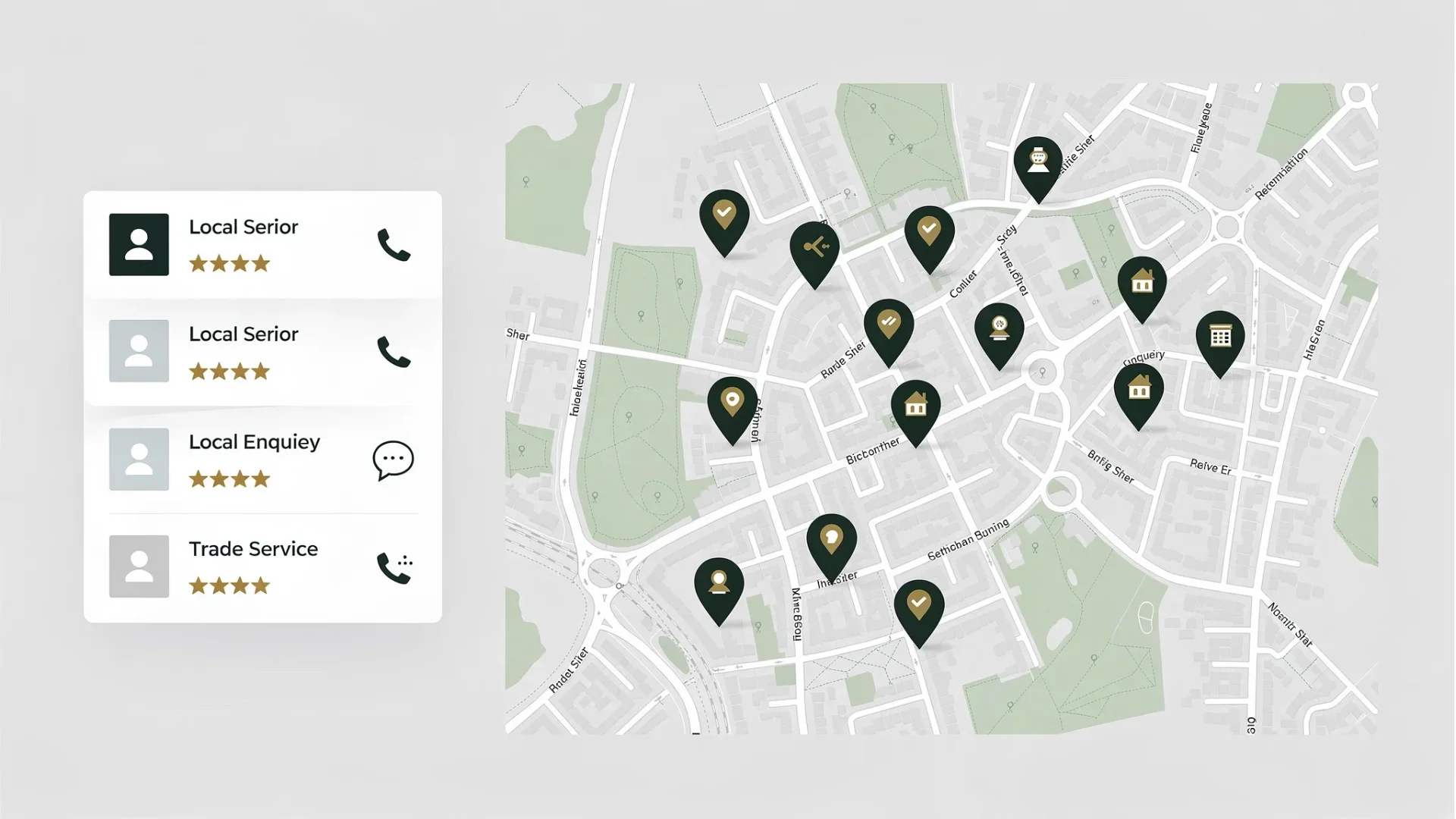 A clean flat-design local SEO map showing trade service pins around a UK town, a search result layout, review stars and call enquiry icons in dark green and gold accents, with no readable text.