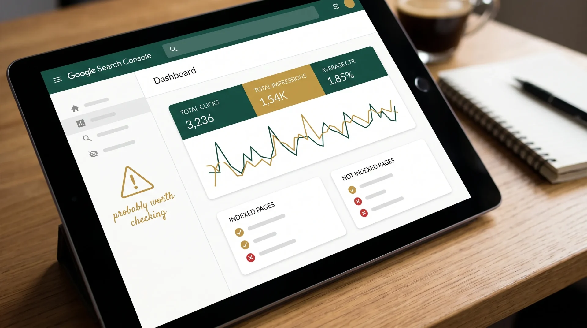 A clean flat design mockup of a Google Search Console dashboard with search performance cards, indexing status blocks, and a small warning icon labelled “probably worth checking”, using dark green and gold accents.