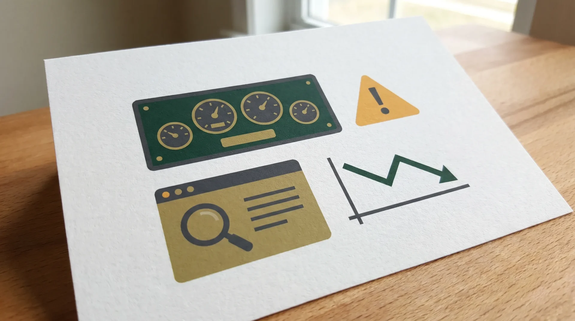 A clean minimal flat-design illustration of a website diagnostic dashboard, a search result panel, a warning symbol, and a downward traffic graph, with dark green and gold accents and no visible words.