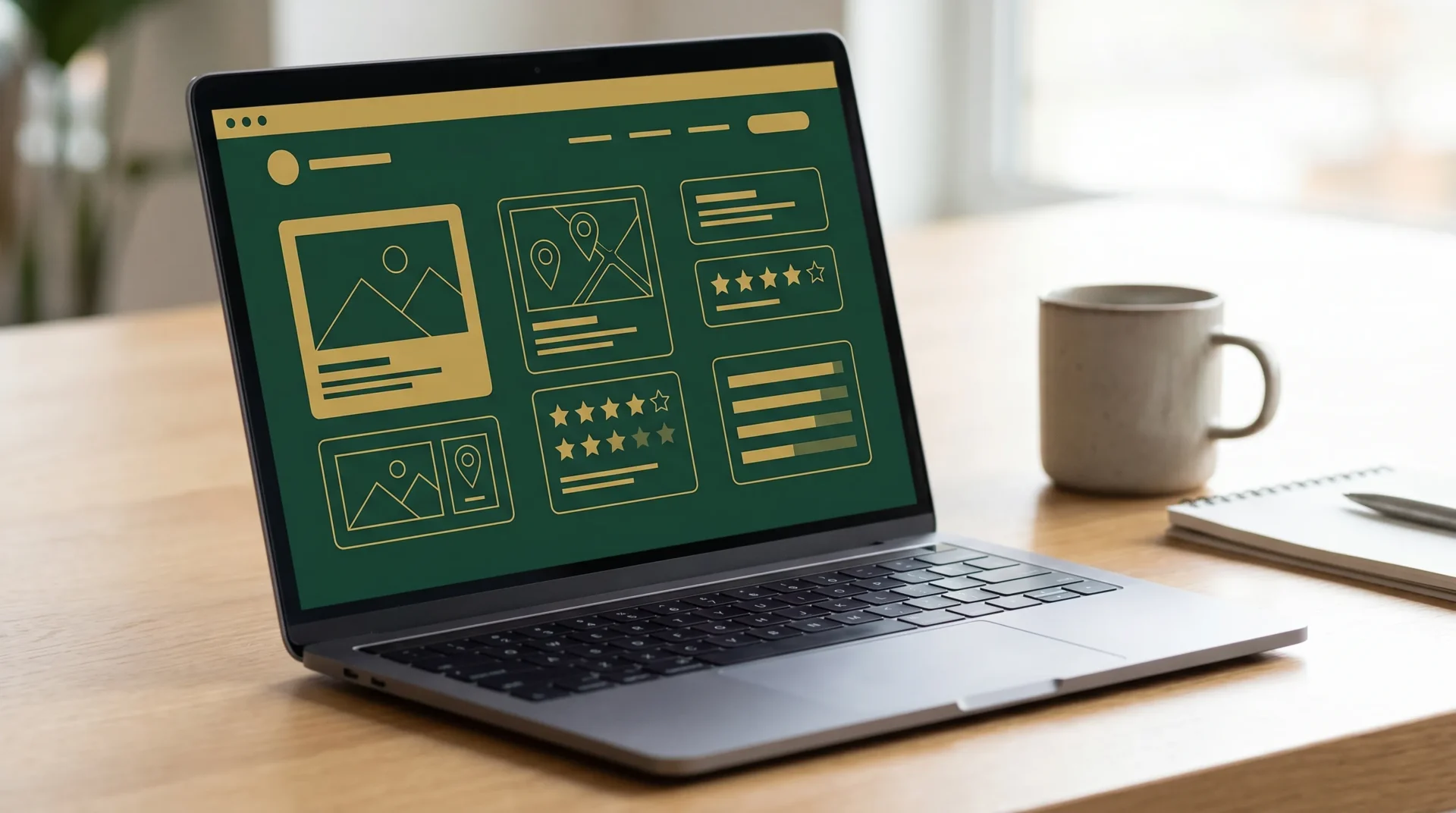 A clean minimal flat design illustration showing a building firm’s online proof system: project photo cards, map pins, review stars as simple shapes, and website performance bars in dark green and gold accents, with no readable text.