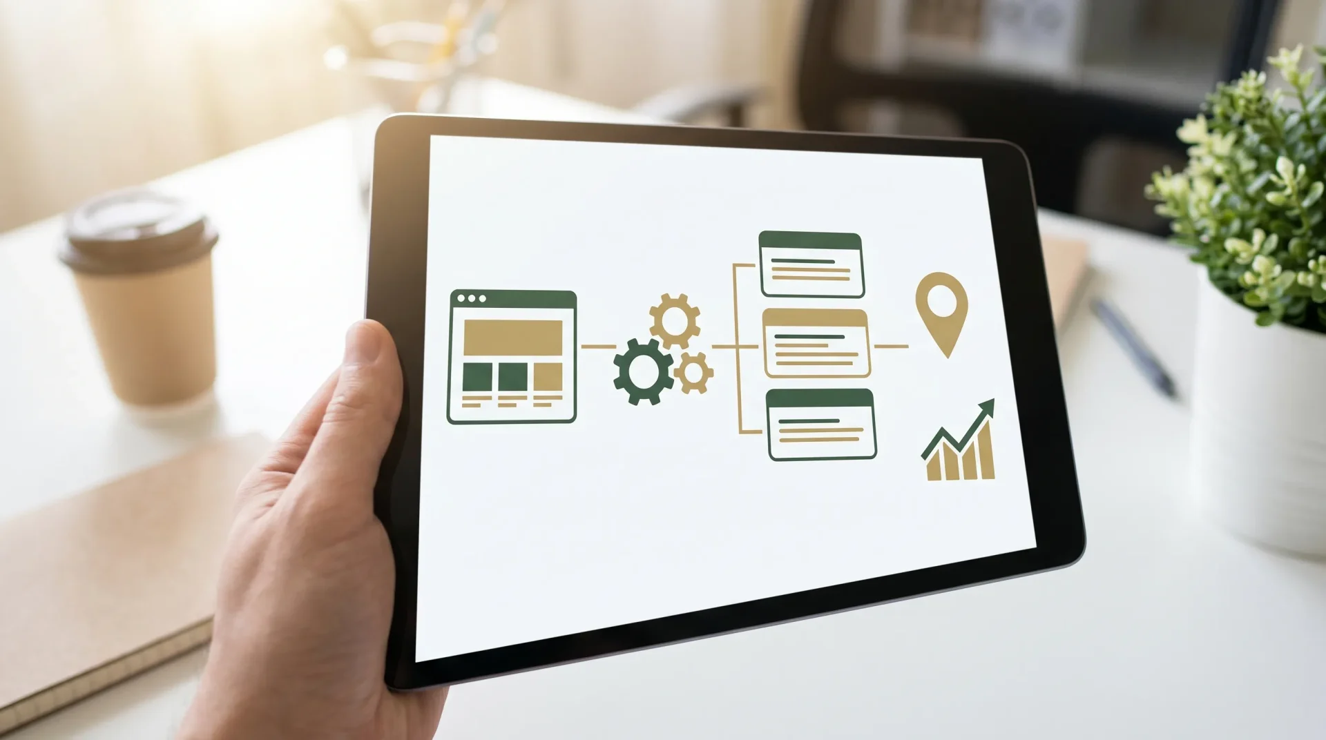 A clean minimal flat design showing an automated SEO workflow with a website, search result cards, gear icons, a map pin and a simple line chart, using dark green and gold accents, with no written text.