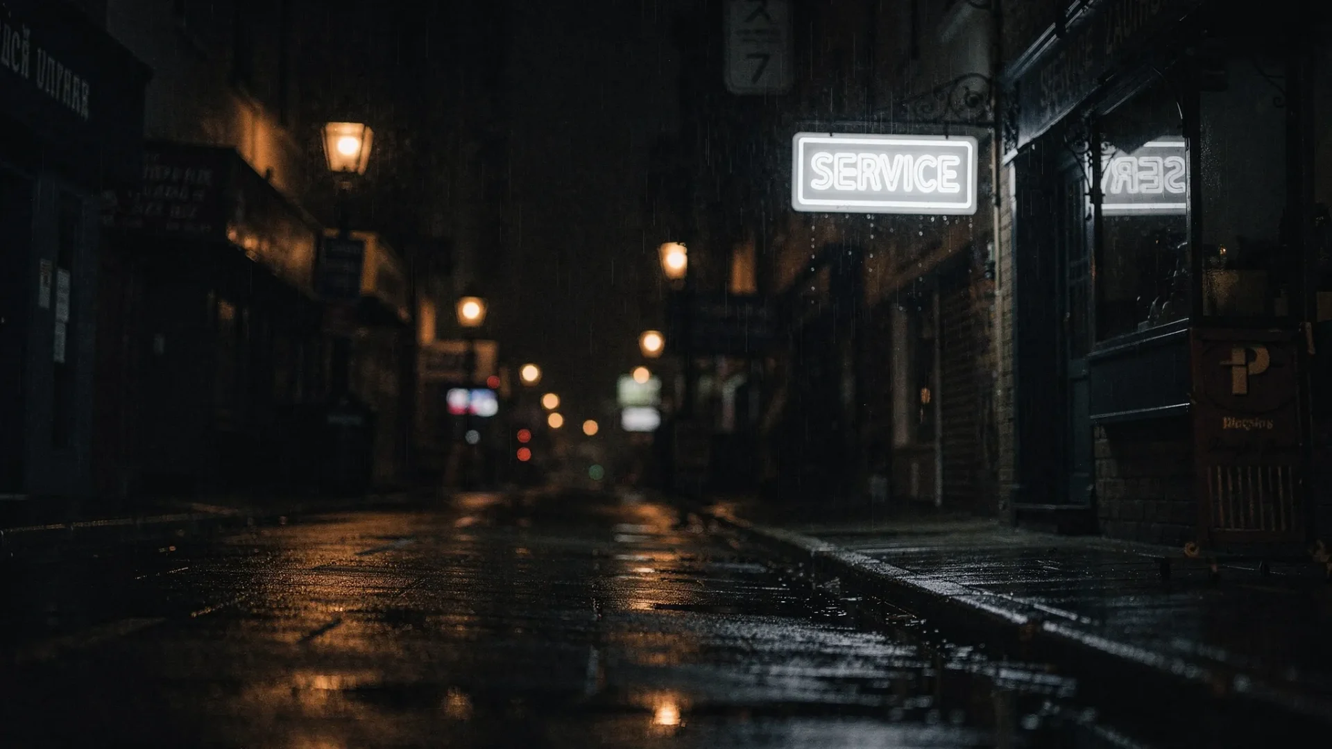 A dark, cinematic photograph of a single illuminated shop sign on a quiet rain-soaked street, with surrounding businesses fading into shadow, symbolising one clear service page standing out in search results.