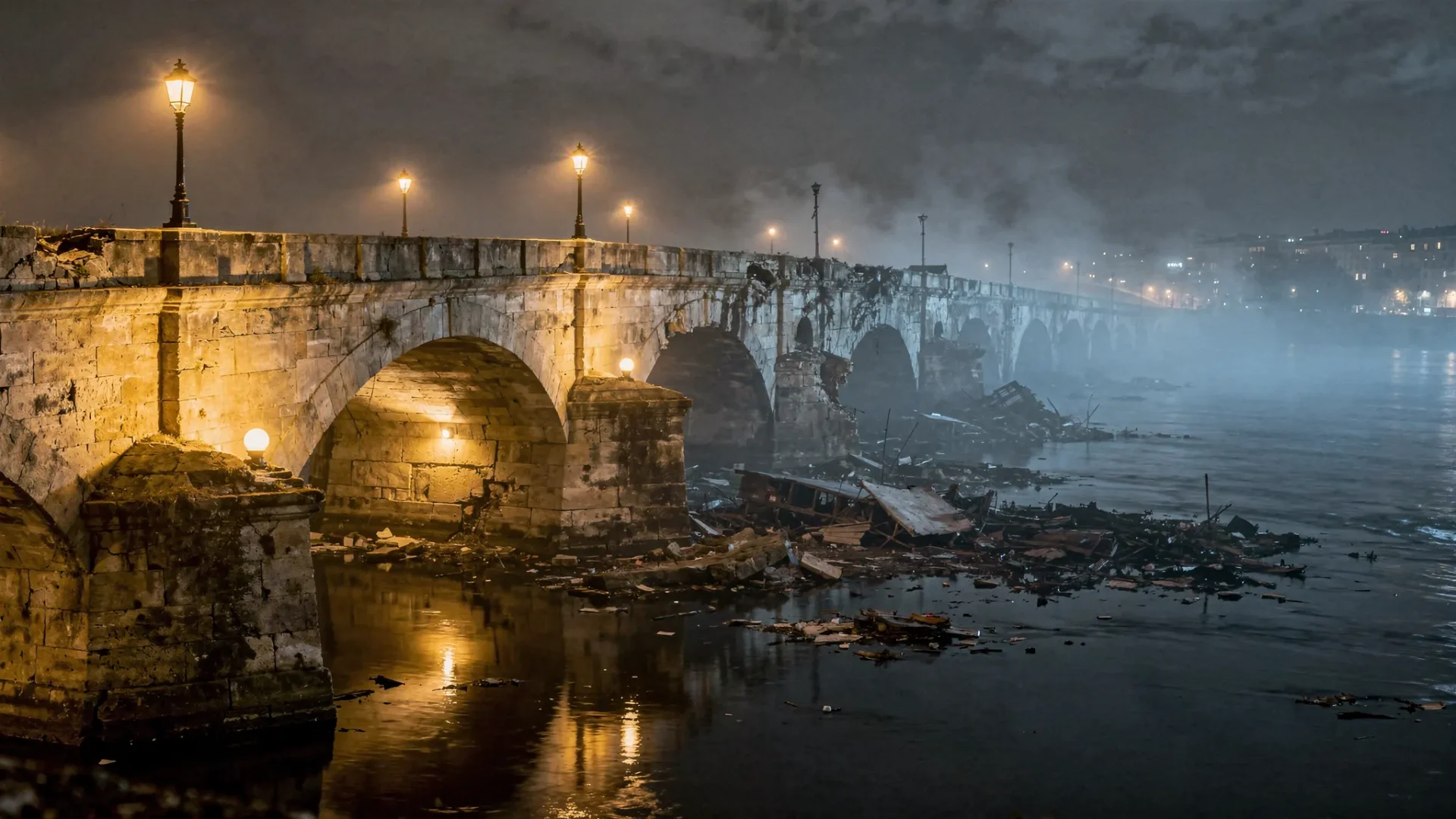 A dark cinematic stone bridge at night stretches across deep water; one half is warmed by soft lamps and clear architecture while the far side dissolves into cold fog and broken masonry, symbolising helpful backlinks versus harmful backlinks in SEO.