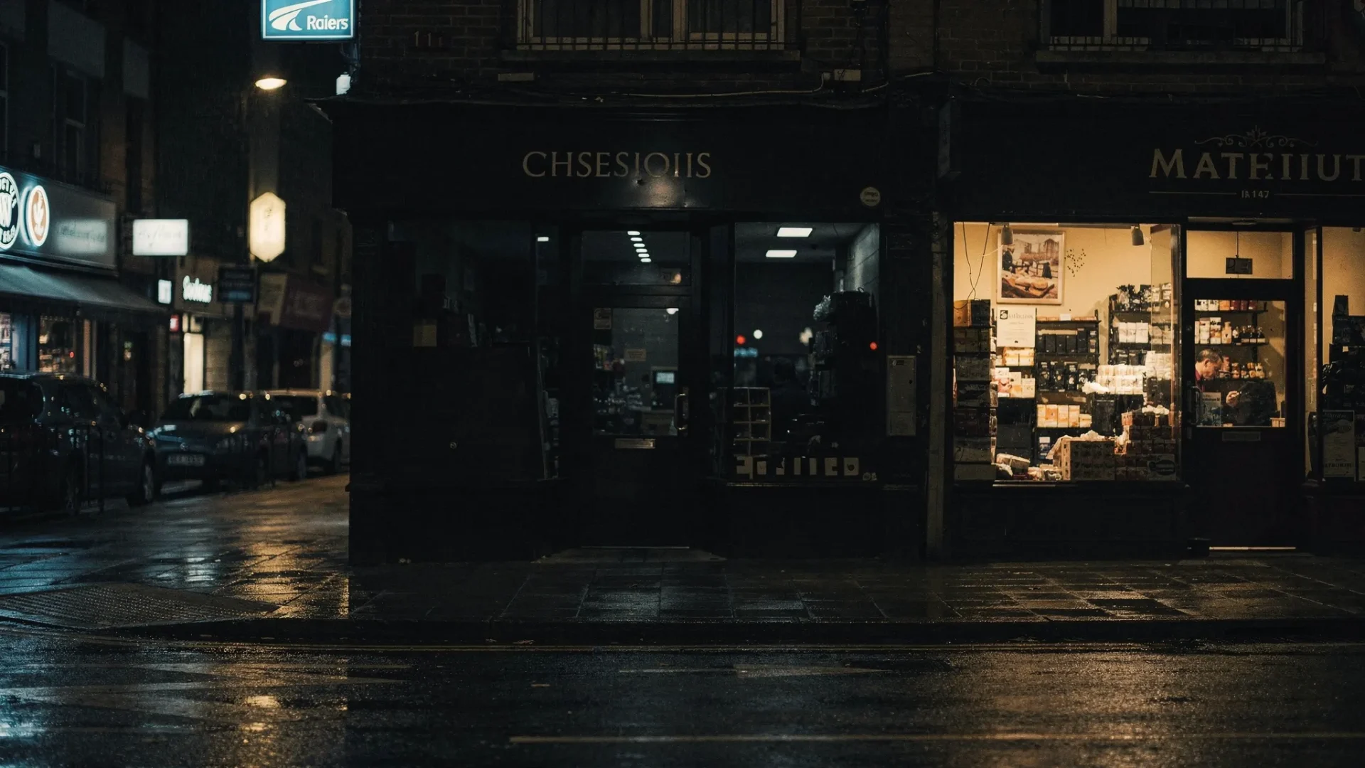 A dark high street shopfront with its sign switched off while surrounding windows glow faintly, showing the sudden loss of visibility when a local business disappears from Google Maps.