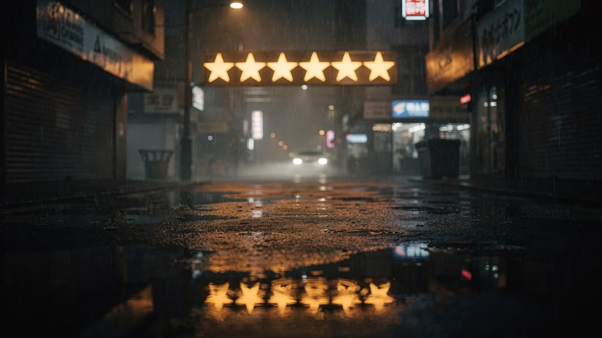 A dark, rain-soaked city street at night with a glowing five-star sign reflected in puddles, surrounded by shadowy shopfronts and mist, suggesting trust and reputation cutting through online noise.