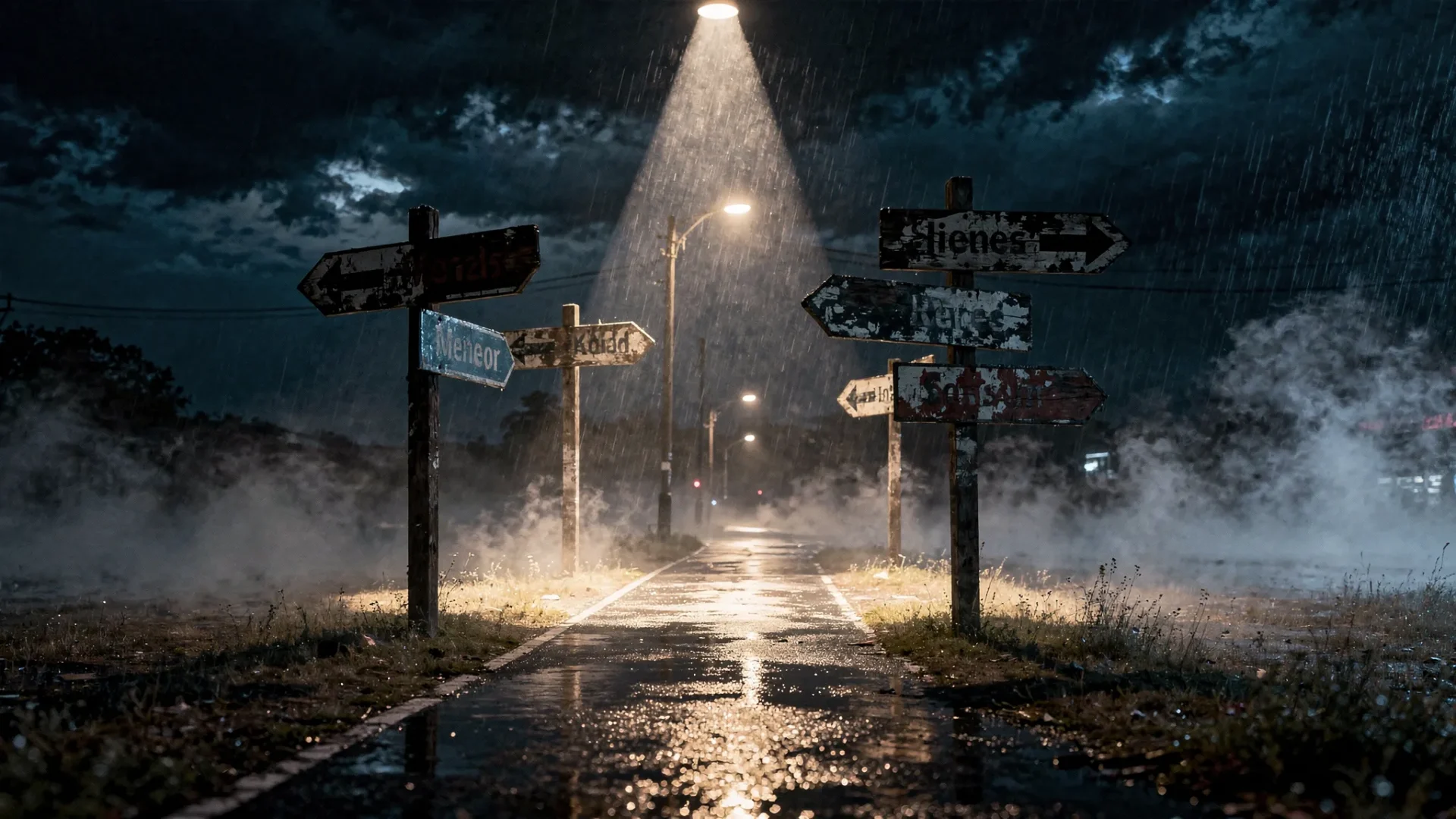 A dark, rain-soaked crossroads at night with several signposts pointing in conflicting directions, one bright beam of light falling on a single clear path through the fog.