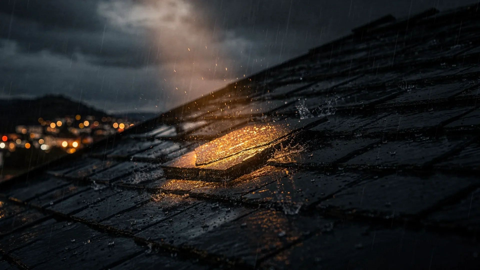 A dark slate roof at night under heavy rain, with a single warm beam of light breaking through clouds and landing on one roof tile, while distant town lights blur below in the background.