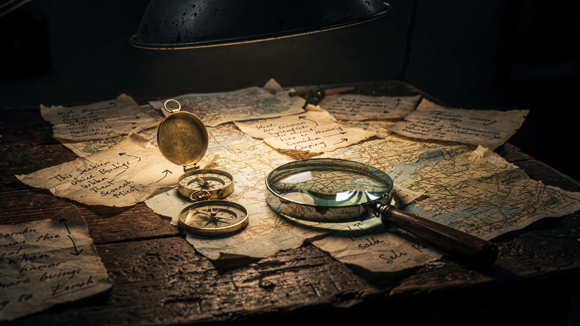 A dark wooden workbench lit by a single overhead lamp, covered with handwritten search notes, a compass, torn maps of UK towns and a magnifying glass casting sharp shadows, creating a moody visual metaphor for finding hidden customer demand.