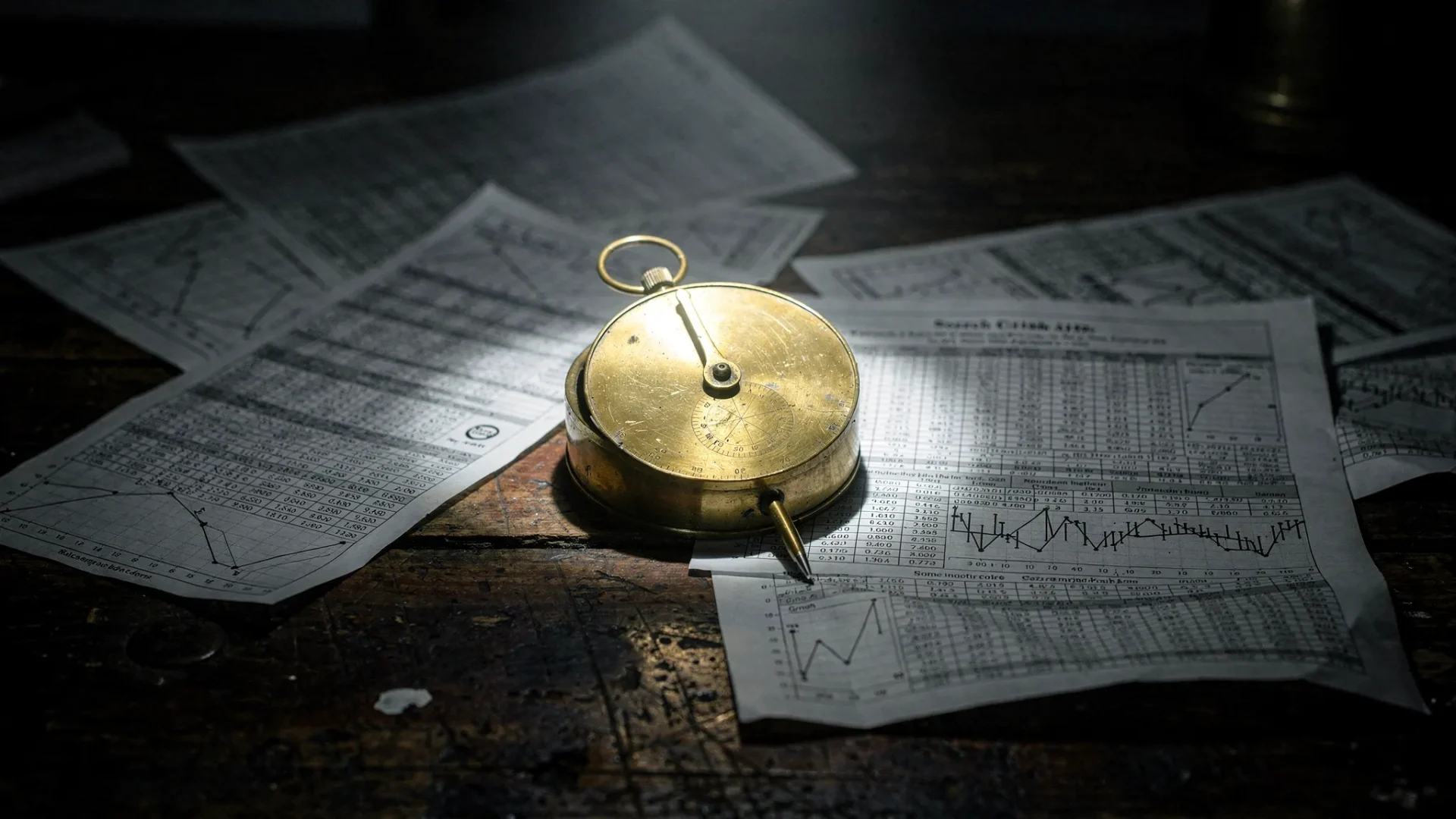 A lone brass measuring gauge sits on a dark workbench surrounded by scattered search data printouts, with one sharp beam of light hitting the needle while the rest fades into shadow. The scene suggests separating useful signals from noise.