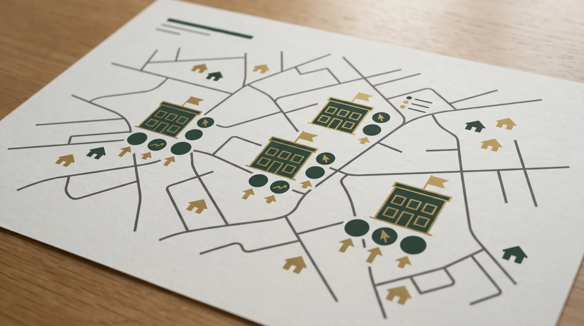 A minimal map-based local SEO visual showing estate agency branch locations, local search markers, property icons and ranking signals in dark green and gold accents, with no readable text.