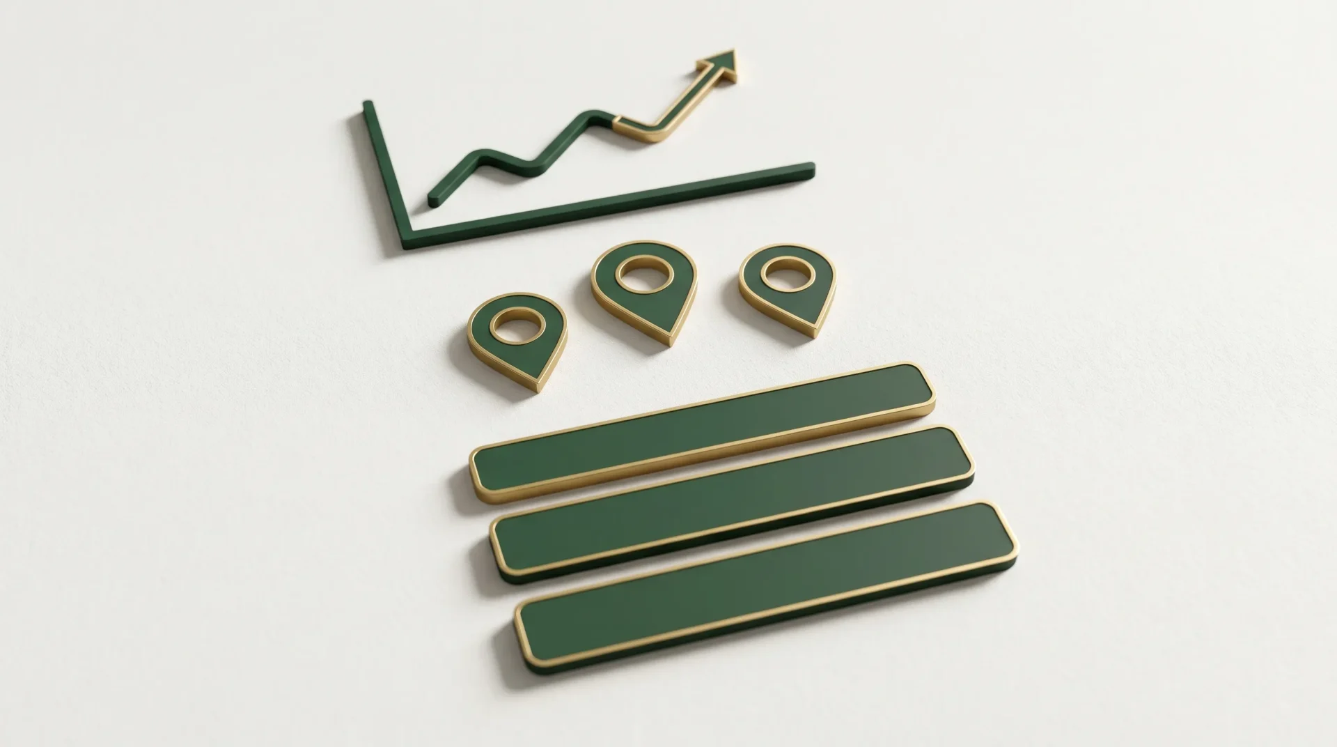 A minimal SEO ranking fluctuation visual showing a simple line chart, map pin shapes, and search result cards with no words or labels, using dark green and gold accents on a clean light background.