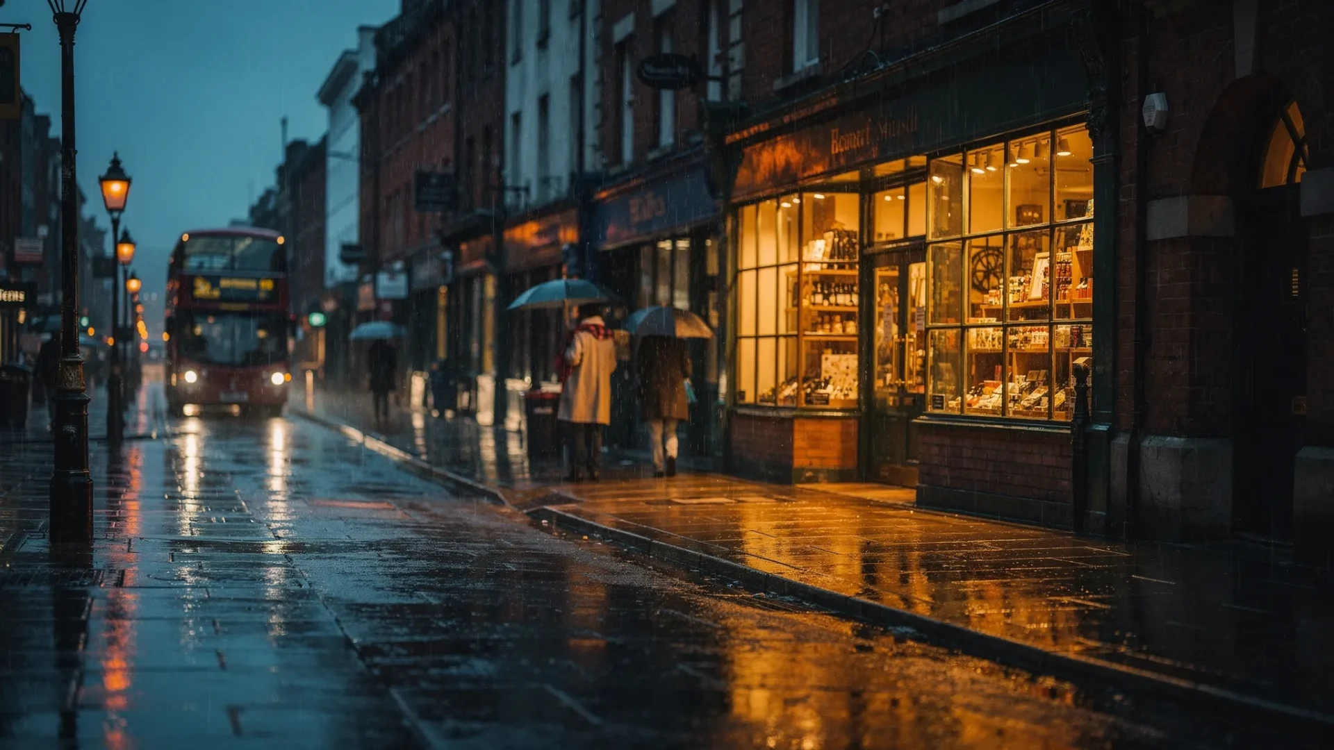 A rain-soaked British high street at dusk, with one warmly lit shopfront glowing against deep shadows while reflections on the pavement suggest online attention turning into real footfall.
