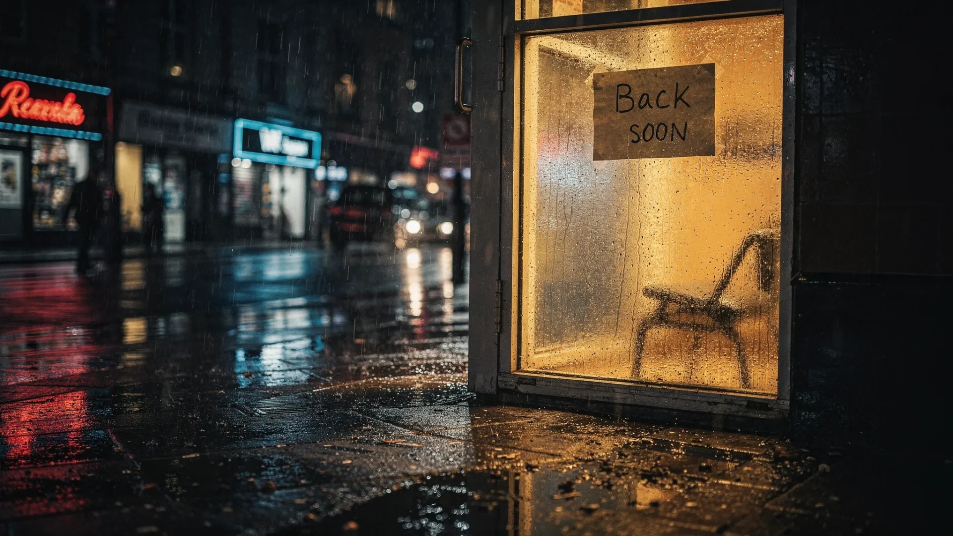 A rain-soaked high street at night with one small shop window glowing warmly, a handwritten note visible through misted glass, surrounded by dark reflections and dramatic shadows.