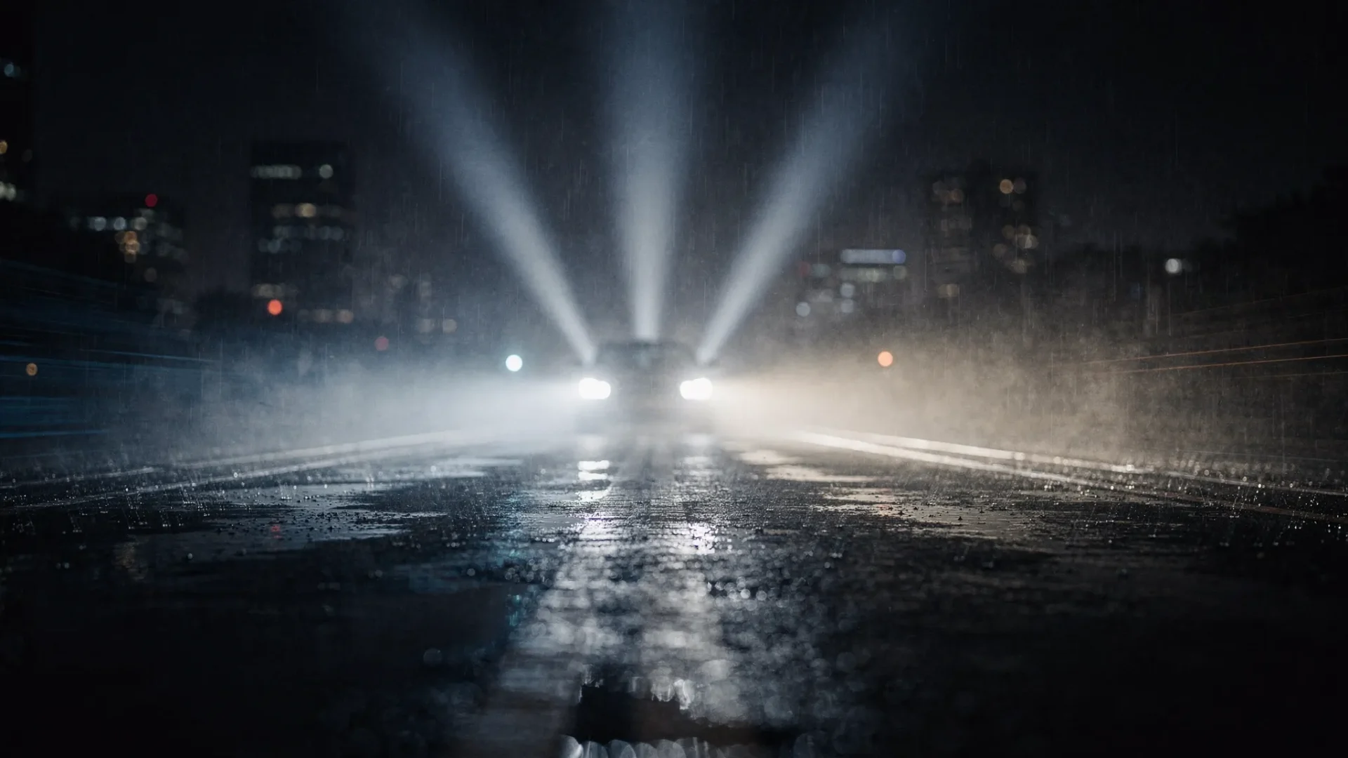 A rain-soaked road at night disappearing into darkness, with three sharp beams of light cutting through mist to symbolise speed, response and stability on a website.