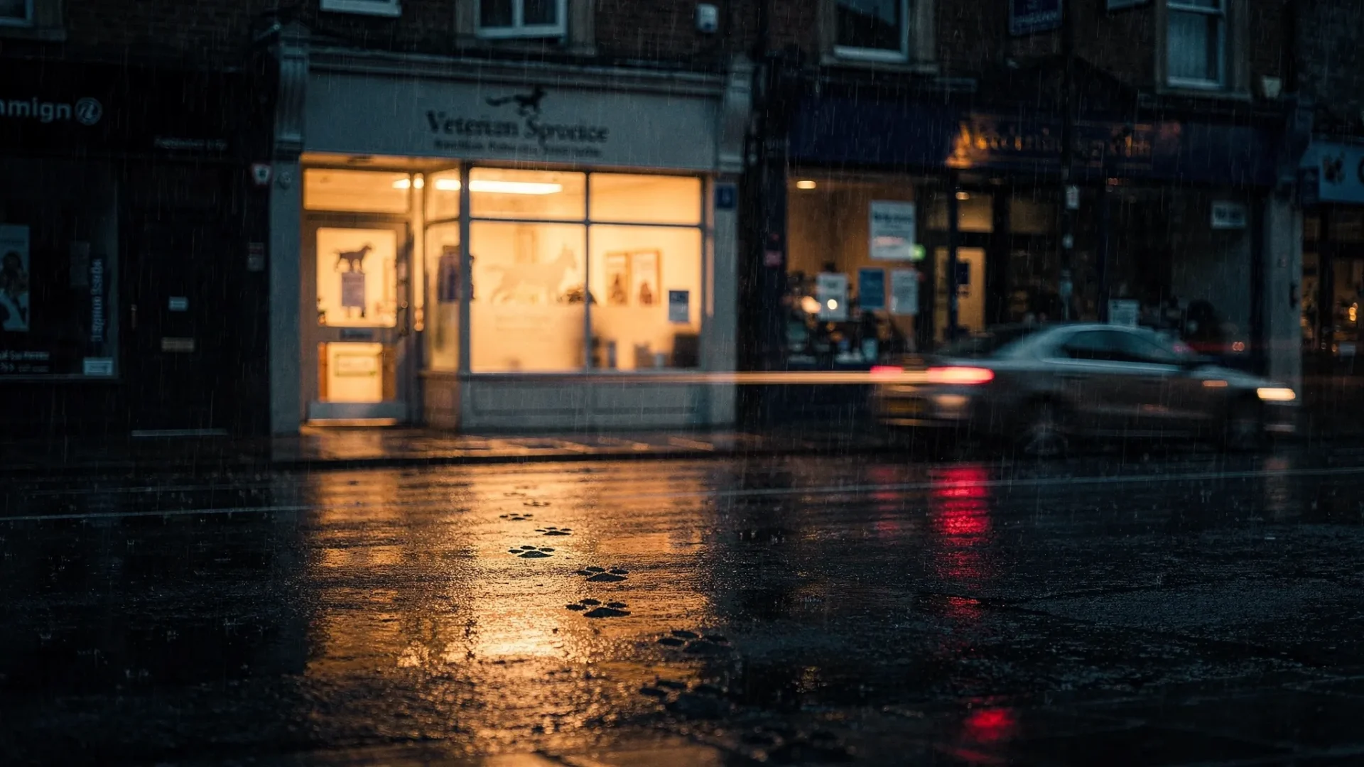 A small veterinary surgery glowing with warm light on a dark rainy high street at dusk, with faint paw prints in wet pavement leading towards the doorway and deep shadows around competing shopfronts.