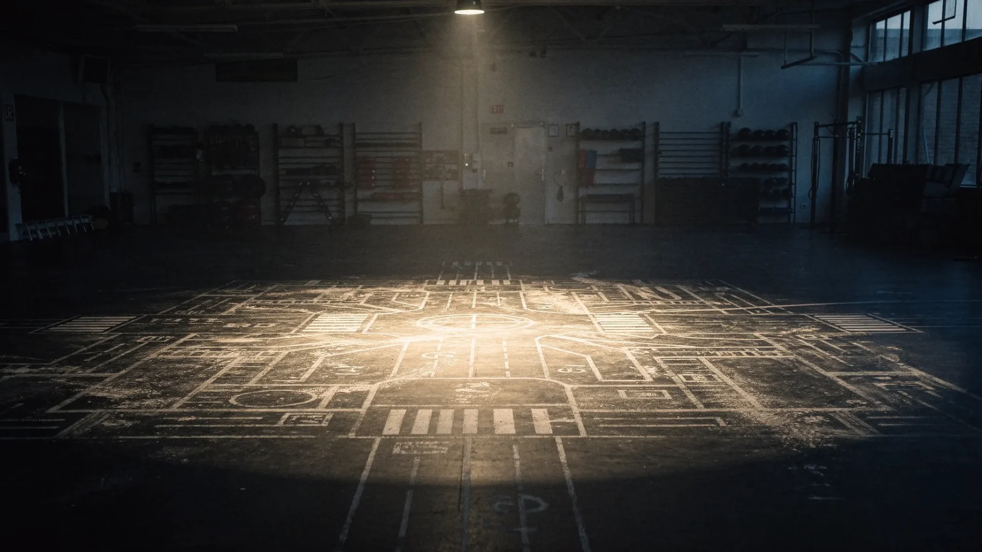 An empty training studio before sunrise, with a single spotlight falling on trainers and chalk floor markings shaped like a street map, while the rest of the room fades into deep shadow.