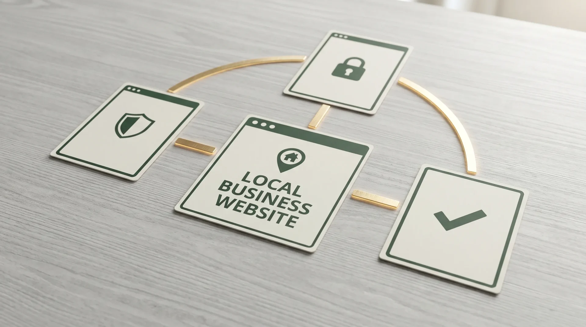 Clean flat design infographic showing three website cards connected by gold backlink lines to a central local business website, with dark green accents, simple trust icons and no people.