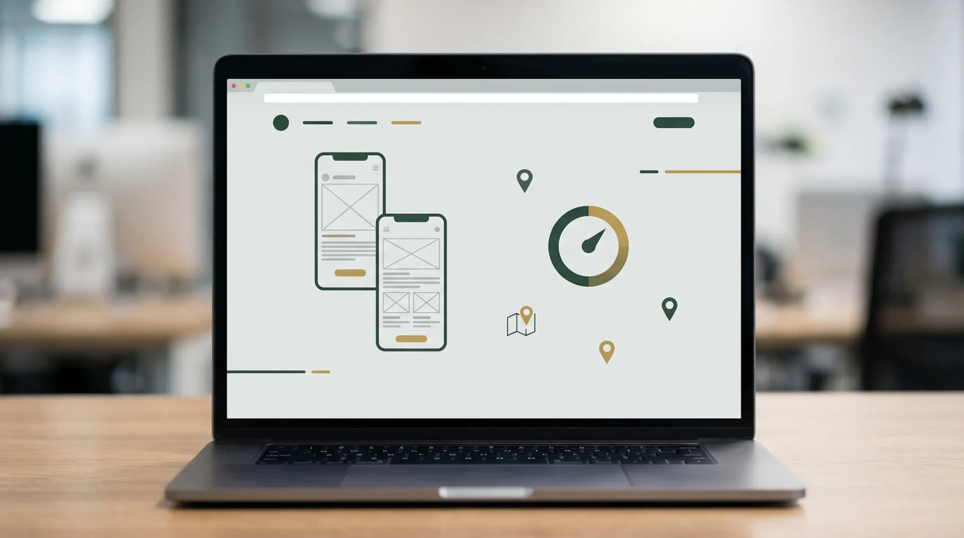 Minimal flat design of a website speed dashboard with mobile page elements, a loading gauge, map marker icons, and subtle dark green and gold accents, with no visible text.