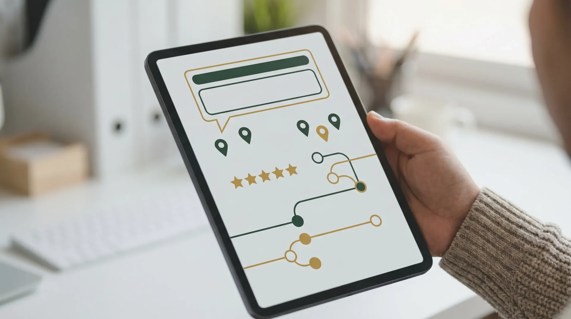 Minimal flat design showing a search results layout with an answer box shape, map pin icons, review stars, and connected data nodes in dark green and gold accents, with no readable words or labels.