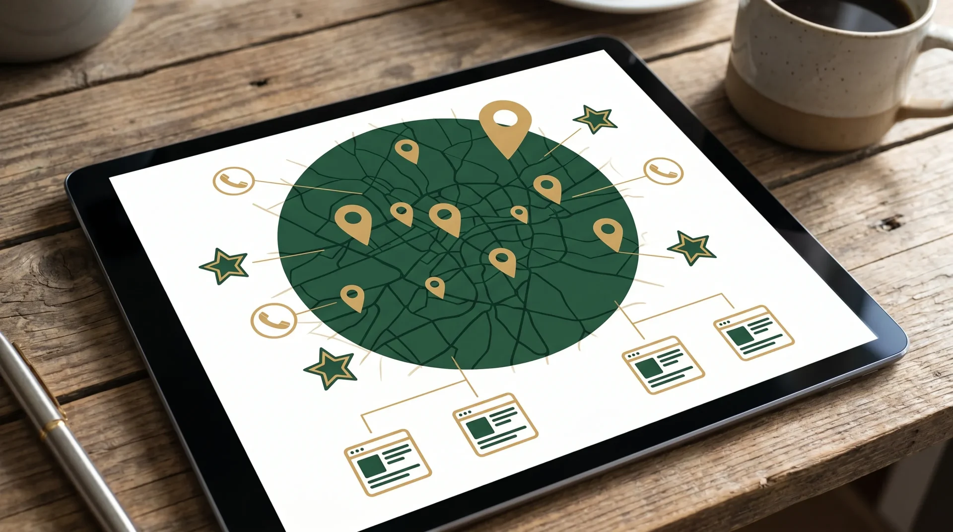 Minimal map-based local SEO visual for a UK plumbing company showing a service area, map pins, phone call icons, review stars, and connected website service pages using dark green and gold accents with no text.