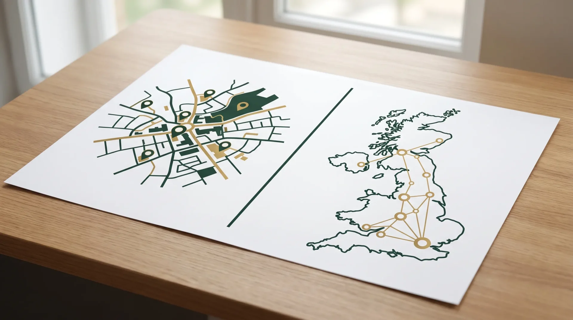 Minimal split-view SEO illustration showing a local map area with pins on one side and a wider UK map outline with connected search nodes on the other, using dark green and gold accents and no written text.