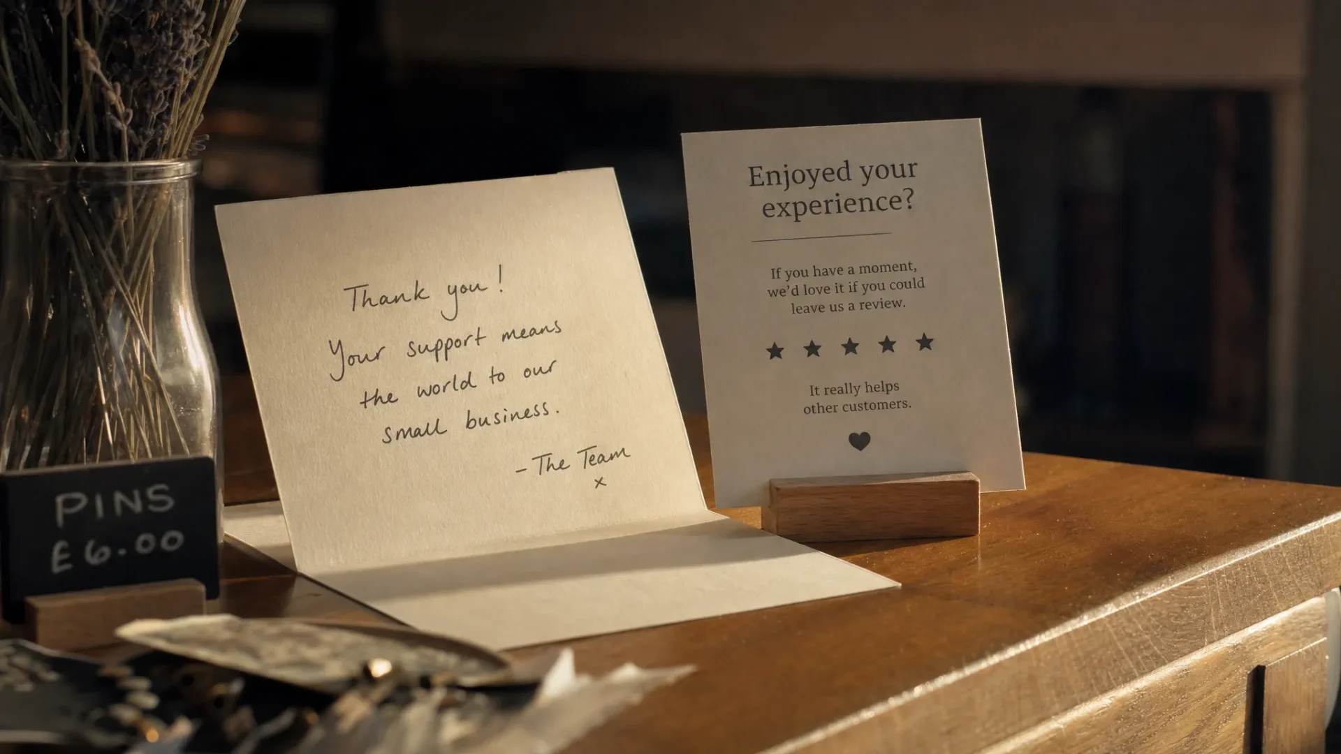 A close-up of a shop counter with a handwritten thank-you note beside a printed review card, warm light falling across the paper while the background fades into shadow, suggesting trust and good reputation without showing screens or corporate imagery.