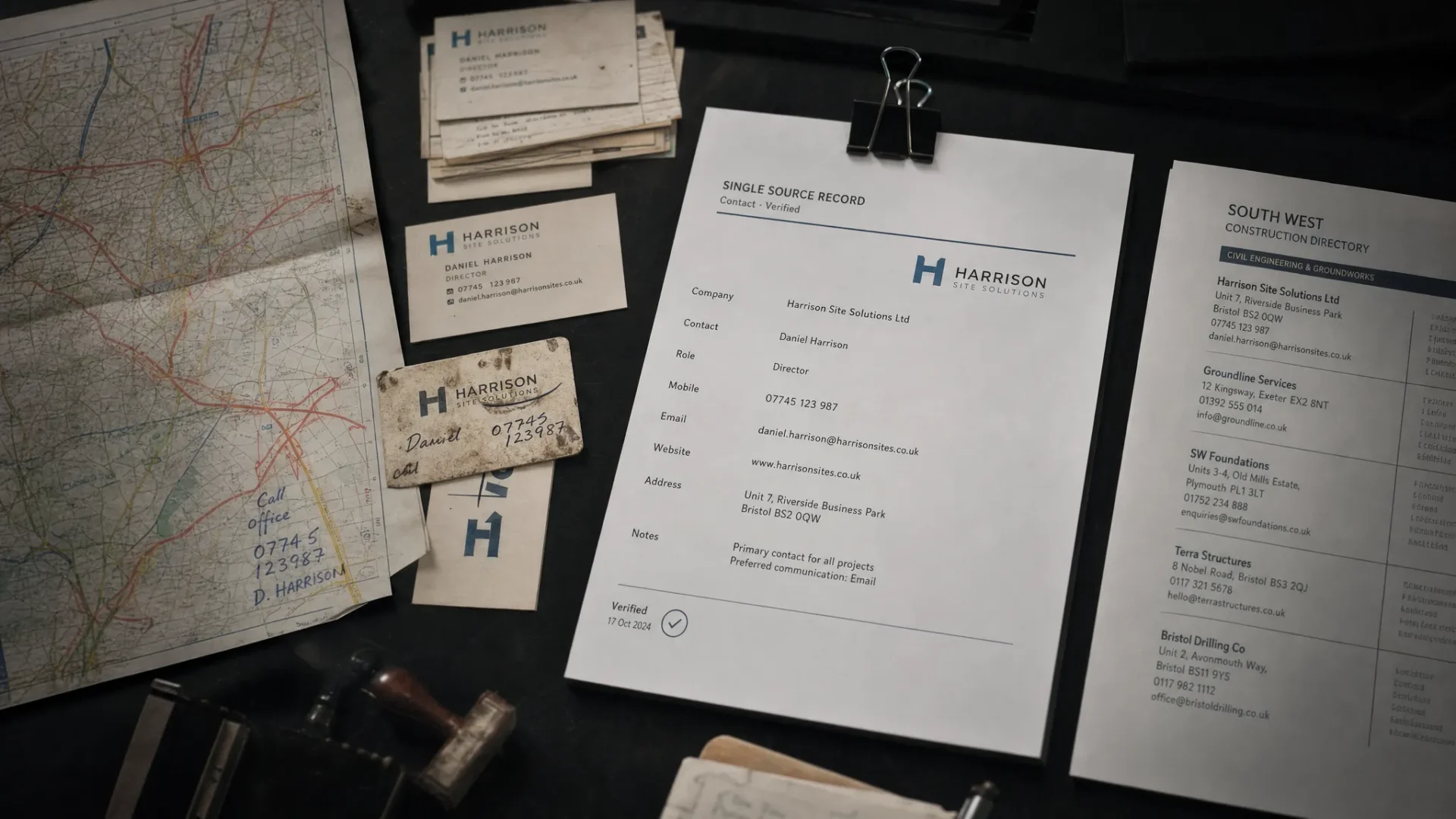 A close-up scene of local maps, stamped business cards, directory printouts and one clean contact sheet in sharp focus on a dark workbench, showing the idea of turning messy business information into one reliable record.