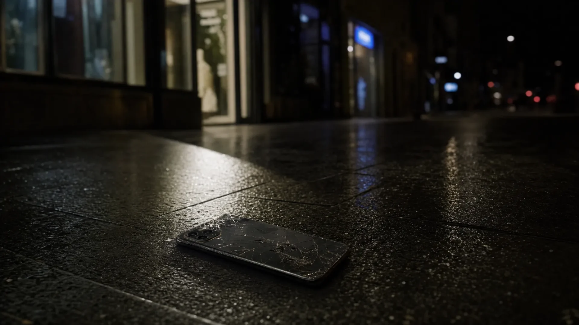 A cracked smartphone lying face down on wet pavement outside a row of blurred shopfronts at night, with a single harsh beam of light cutting across the scene and reflections fading into darkness around it.