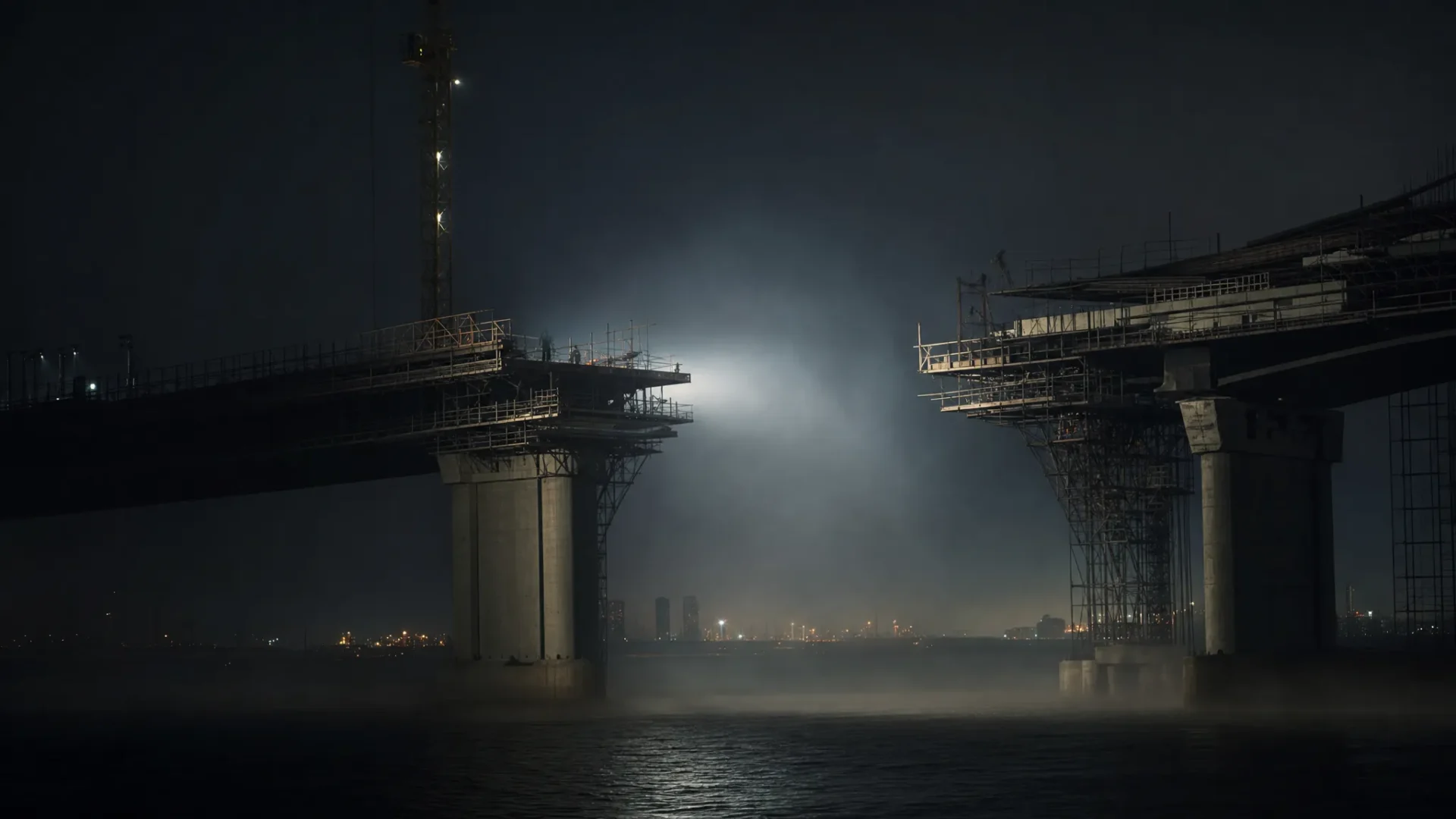 A dark, cinematic image of a half-built bridge crossing a foggy river at night, with a single strong light catching the unfinished span and the broken gap beneath it, suggesting the space between a business website and the customers searching for it.