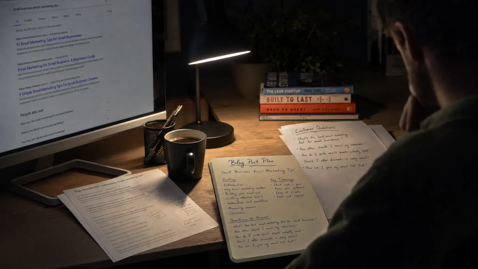 A dark home office at night with a desk lamp lighting handwritten customer questions, printed search results, and a mug of coffee, showing someone planning a useful blog post.