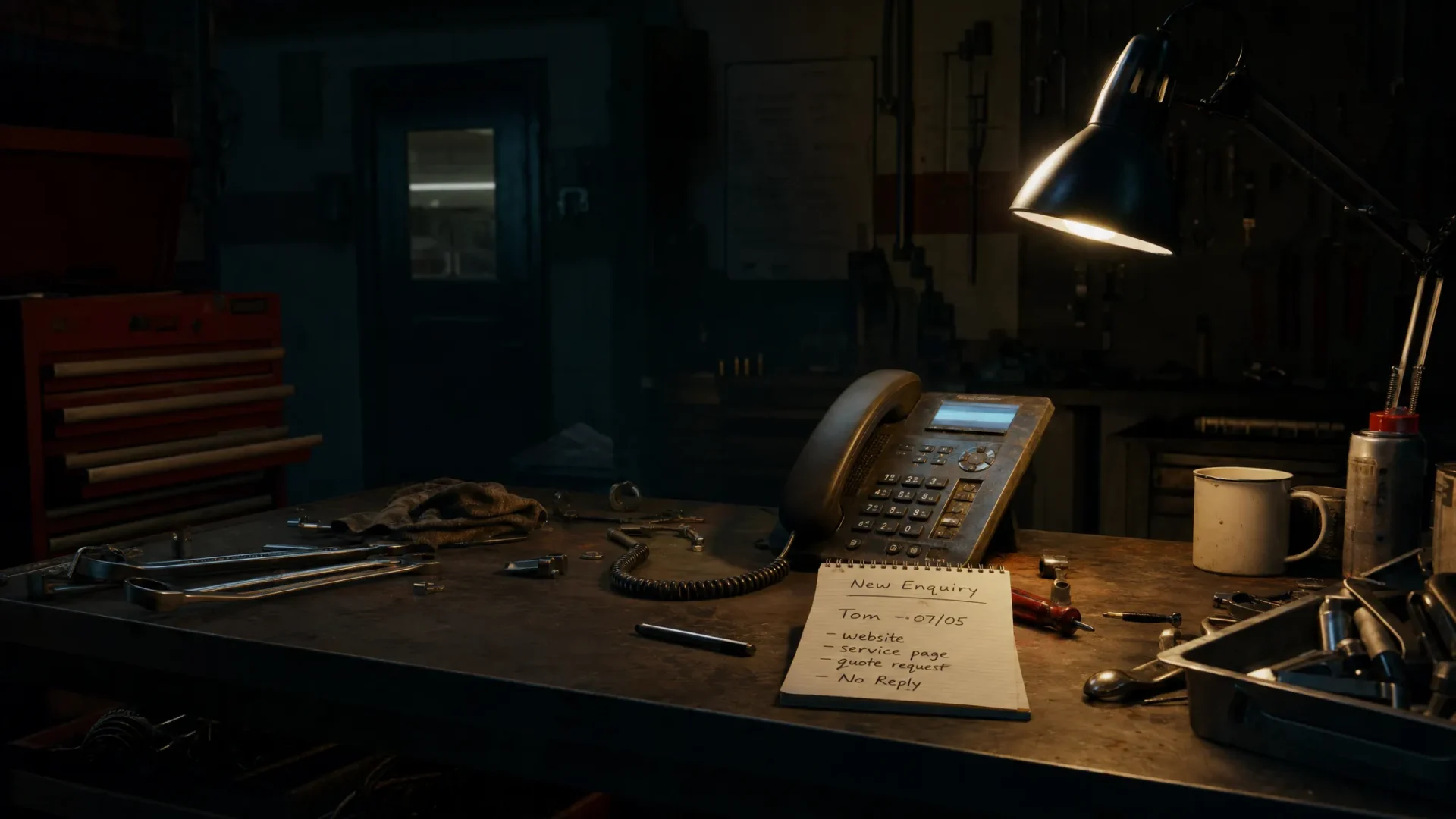 A dark workshop after closing time with a single bright workbench lamp shining on scattered tools, a ringing phone, and a handwritten enquiry note, suggesting a business owner tracing where lost leads have gone.