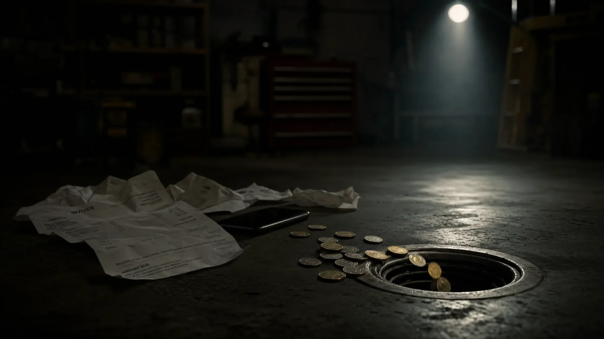 A dark workshop at night with crumpled invoices, a silent phone, and a small pile of coins disappearing into a floor drain under a harsh spotlight.