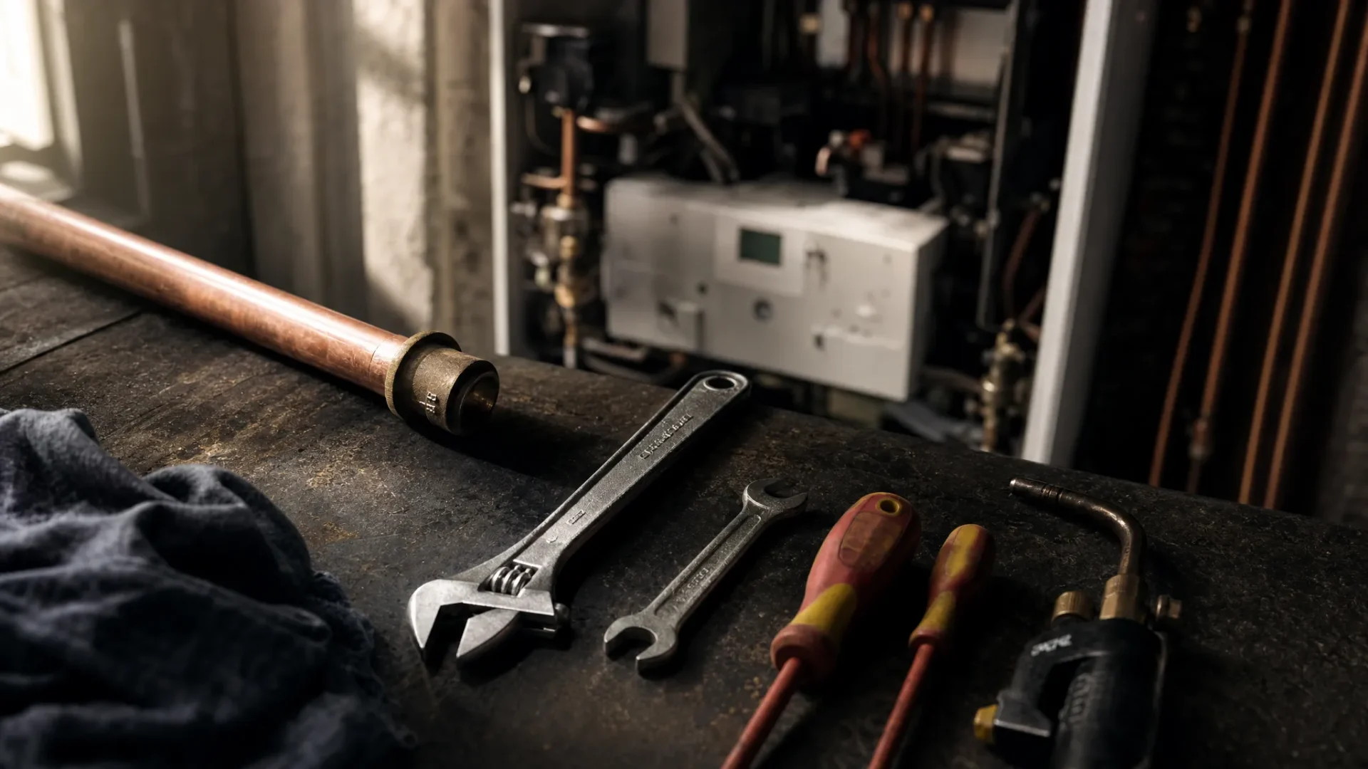 A dark workshop bench with a gas engineer’s tools laid out beside a copper pipe, viewed from above, with the boiler blurred in the background and strong side lighting creating depth and urgency.