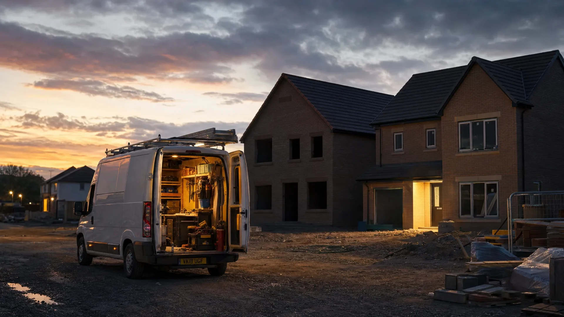 A lone trades van paused outside a row of unfinished houses at dusk, with the rear doors open and tools visible inside. One nearby property is lit by a bright porch light while another sits in shadow, suggesting the choice between chasing quick jobs and building trust over time.